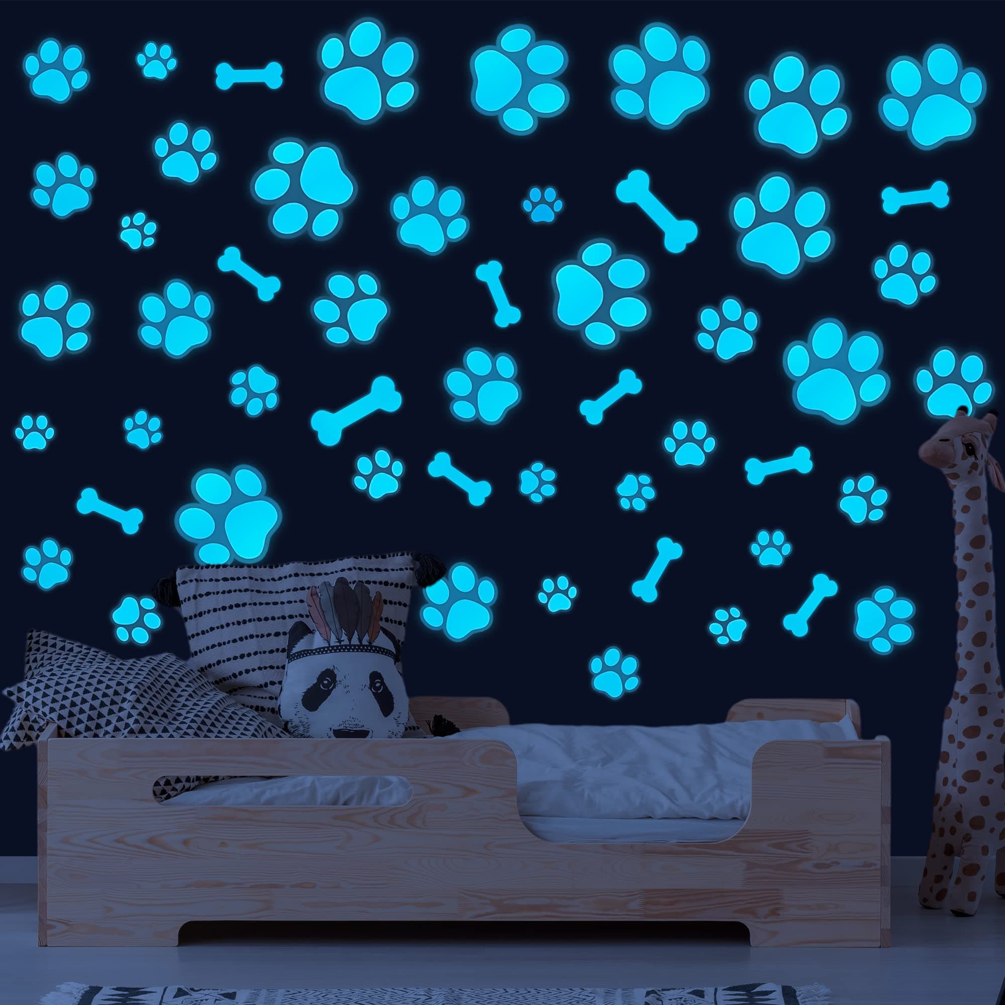 Glow in The Dark Dog Paw Print Wall Decals - Removable Vinyl Bone Stickers for Pup Room Decor - Animal Footprint Decals for Kids Boys Girls Bedroom Nursery - Blue