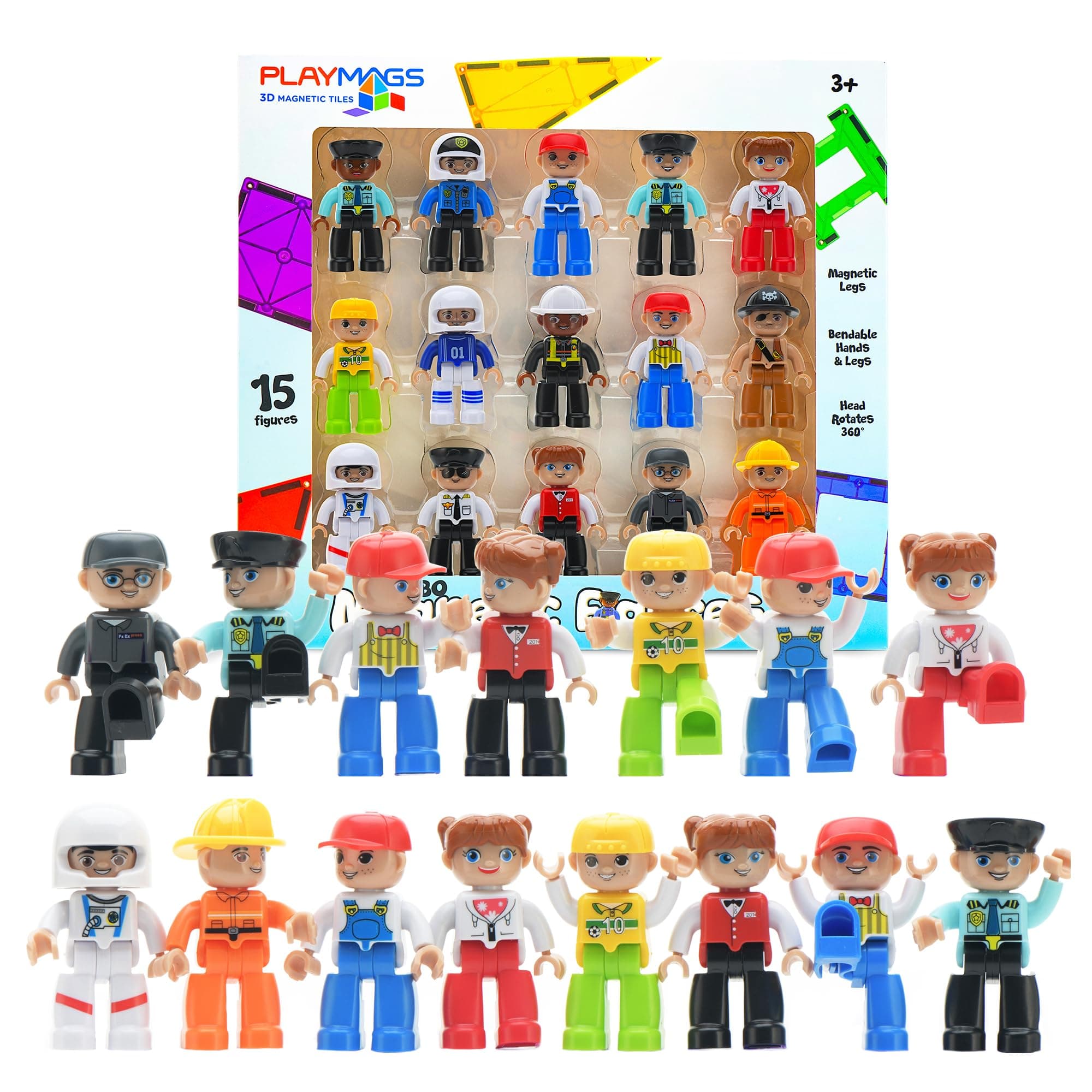 Playmags Large Magnetic Figures Community Set with 15 Pieces - 7.6 cm Toy People Perfect for Magnetic Toy Building Blocks - STEM Learning Toy for Children - Magnetic Tile Extension Accessory Pack