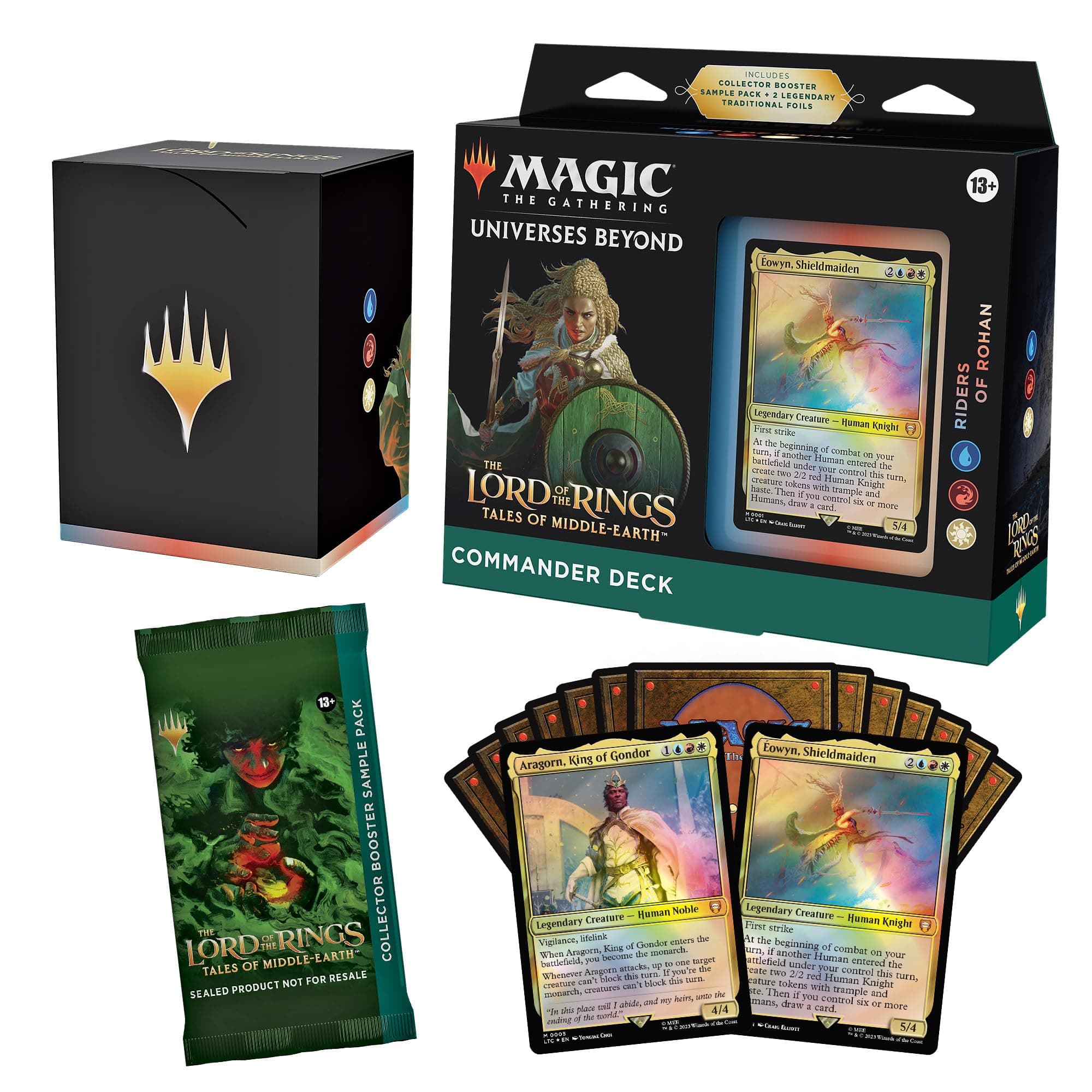 Magic: The Gathering The Lord of the Rings: Tales of Middle-earth Commander Deck - Riders of Rohan (100-Card Deck, 2-Card Collector Booster Sample Pack + Accessories)
