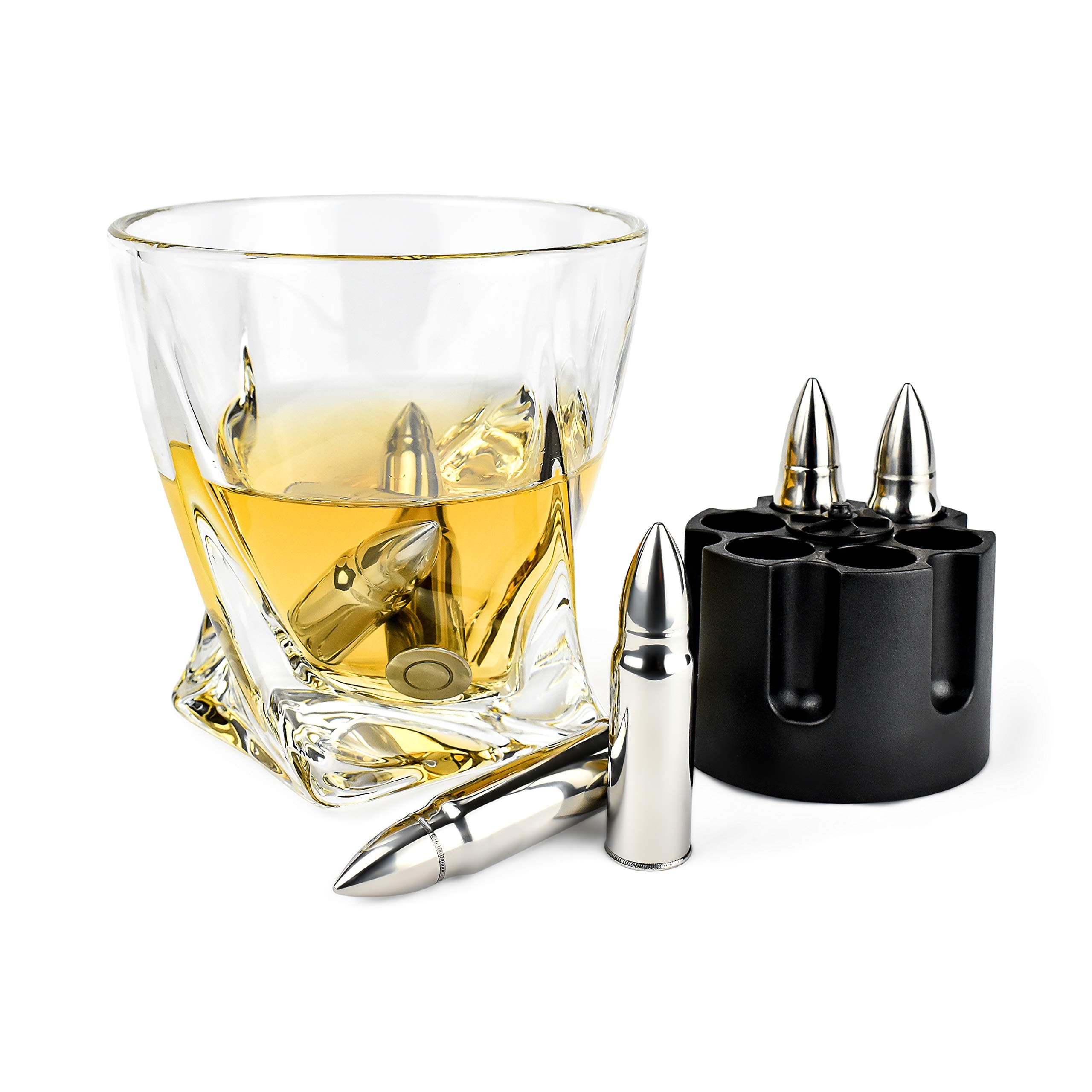 Metal Whiskey Stones Bullets with Revolver Base - Set of 6, XL Reusable Ice Cubes - Steel Chilling Rocks for Scotch Bourbon for Men, Father's Day, Christmas Stocking Stuffer, Military Man