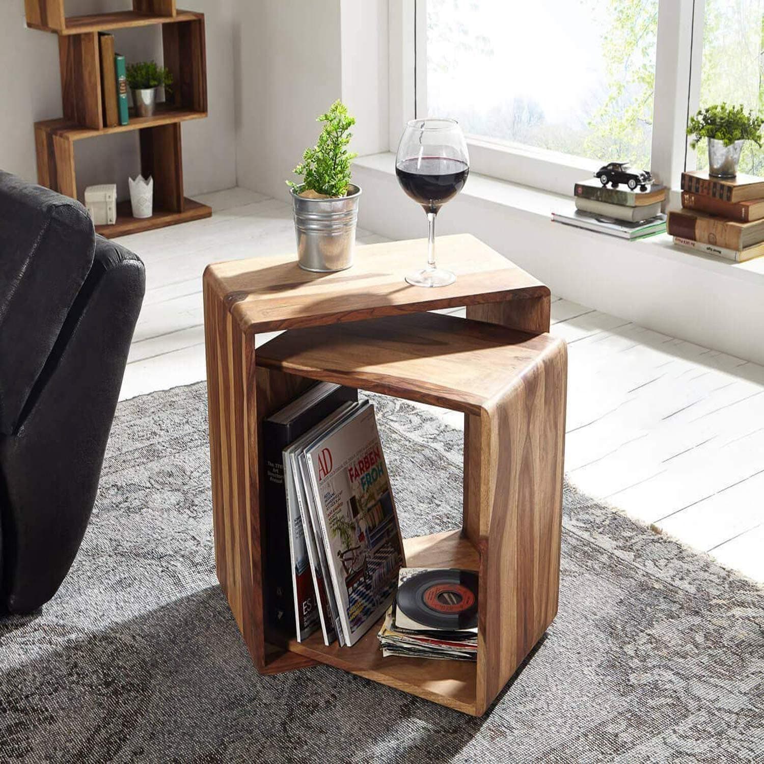 Jyoti Furniture Solid Sheesham Wood Cube Nesting Tables Set Nightstand Side Stool for Living Room Bedroom Home Wooden Nesting Table Set of 2 Solid Wood Nesting Table (Natural Finish)