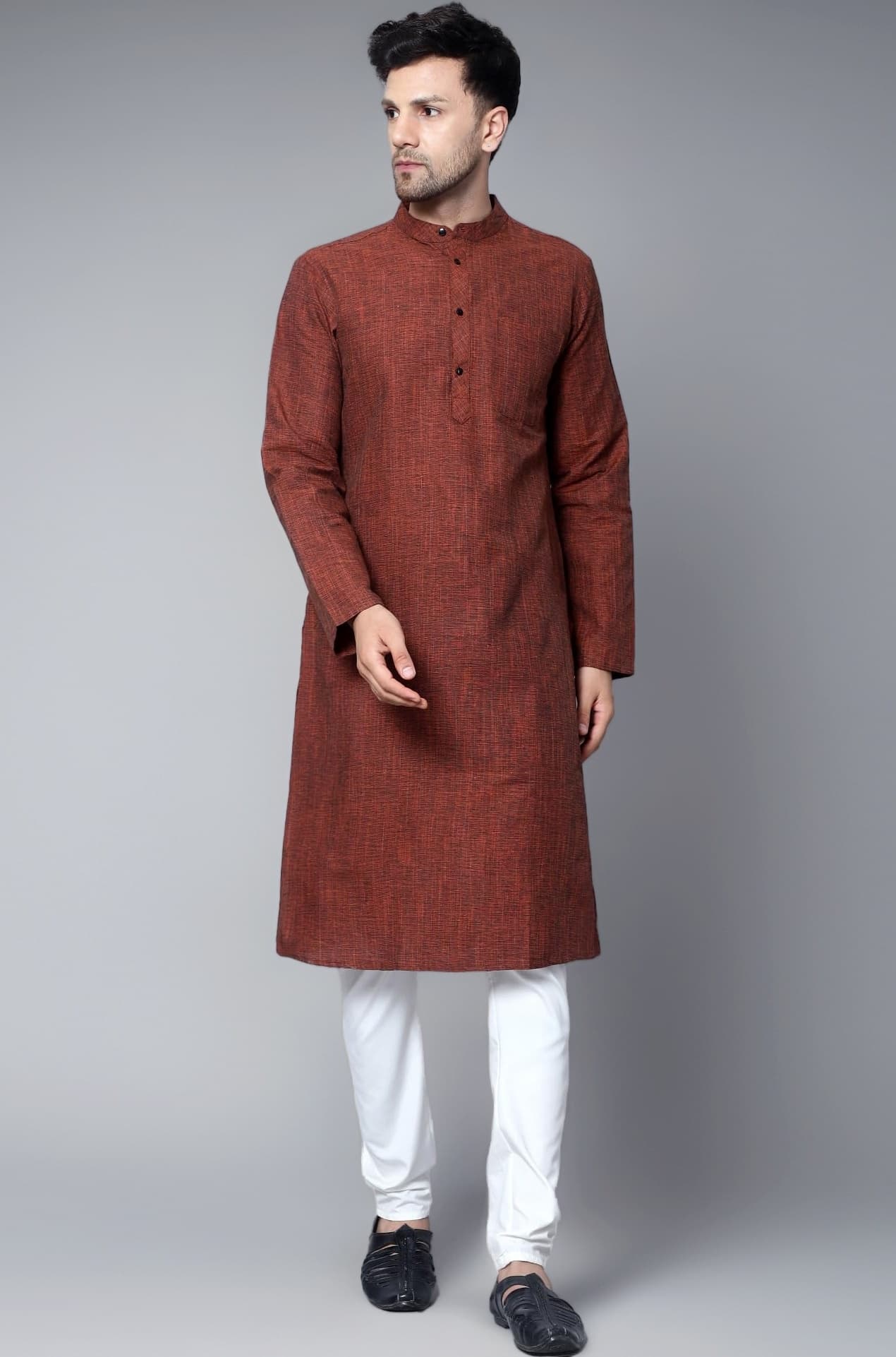 LATEST CHIKAN Men's Cotton Regular Textured Long Kurta Full Sleeves - Casual Ethnic Wear