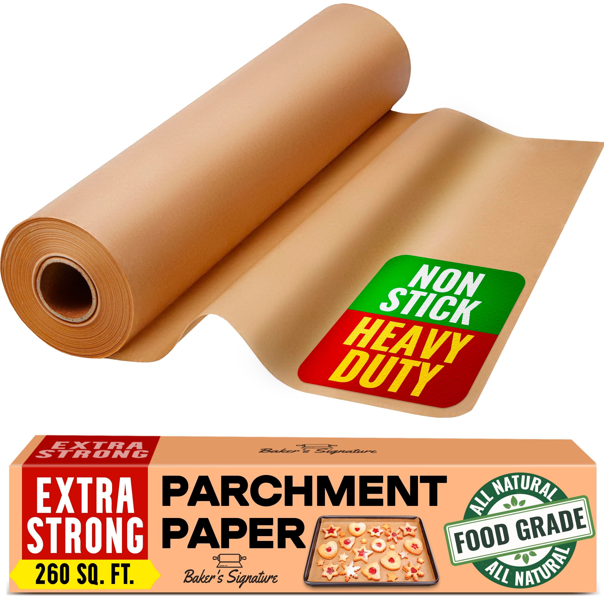Baker's Signature Unbleached Parchment Paper for Baking – 15 in x 210 ft 260 Sq.Ft Baking Paper Roll with Cutter, Non-Stick Brown Parchment for Baking, Cooking, Grilling, Steaming and Air Fryer by