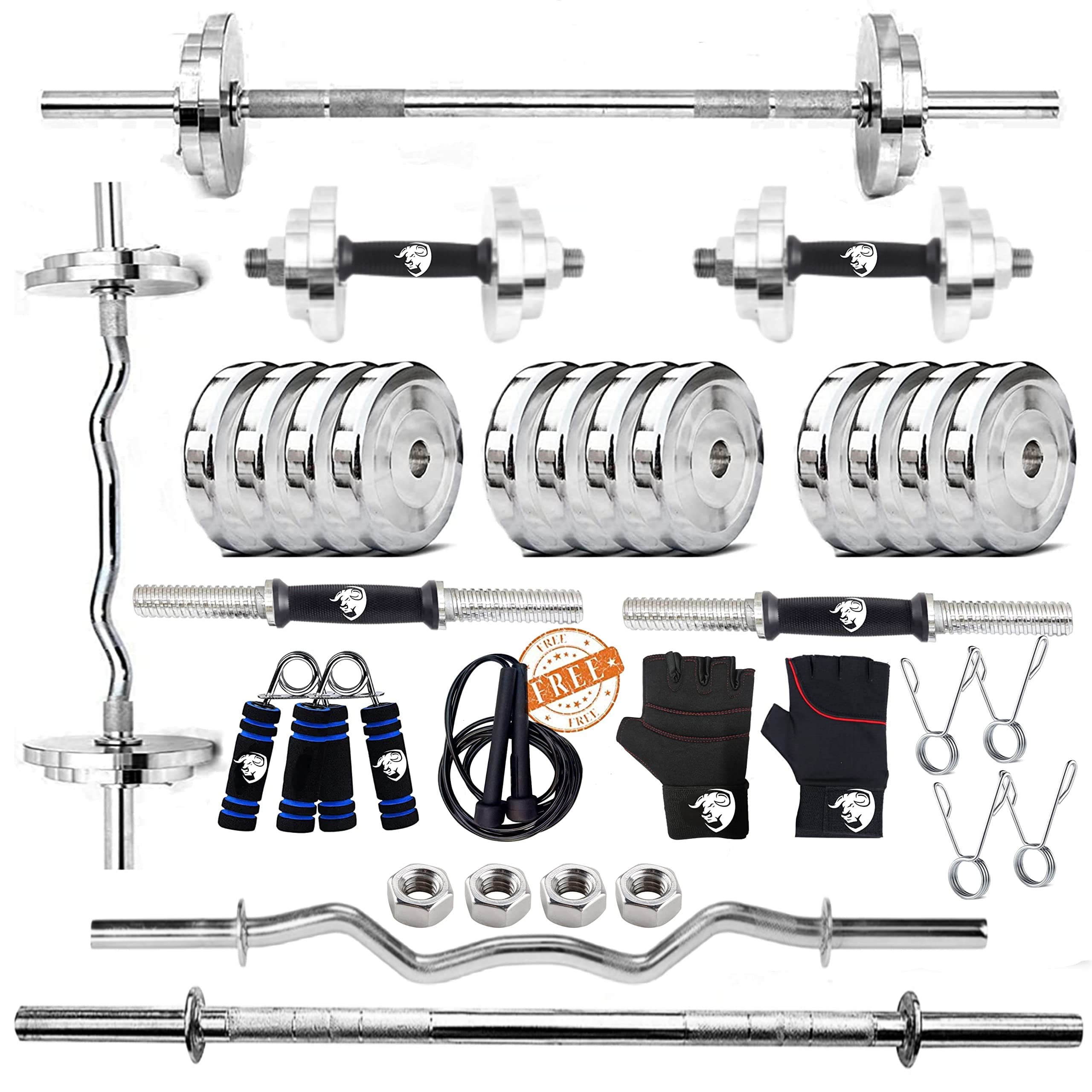 BULLAR Steel Home Gym Set with 5Ft Straight Rod, Curl bar, (10kg-70Kg) Steel Weight Plates Combo, Gym Equipment for Home Workout Exercise Kit for Fitness (S30KG (5KGX4,2.5KGX4)/4FT/5FT/SDM/ACC) Silver