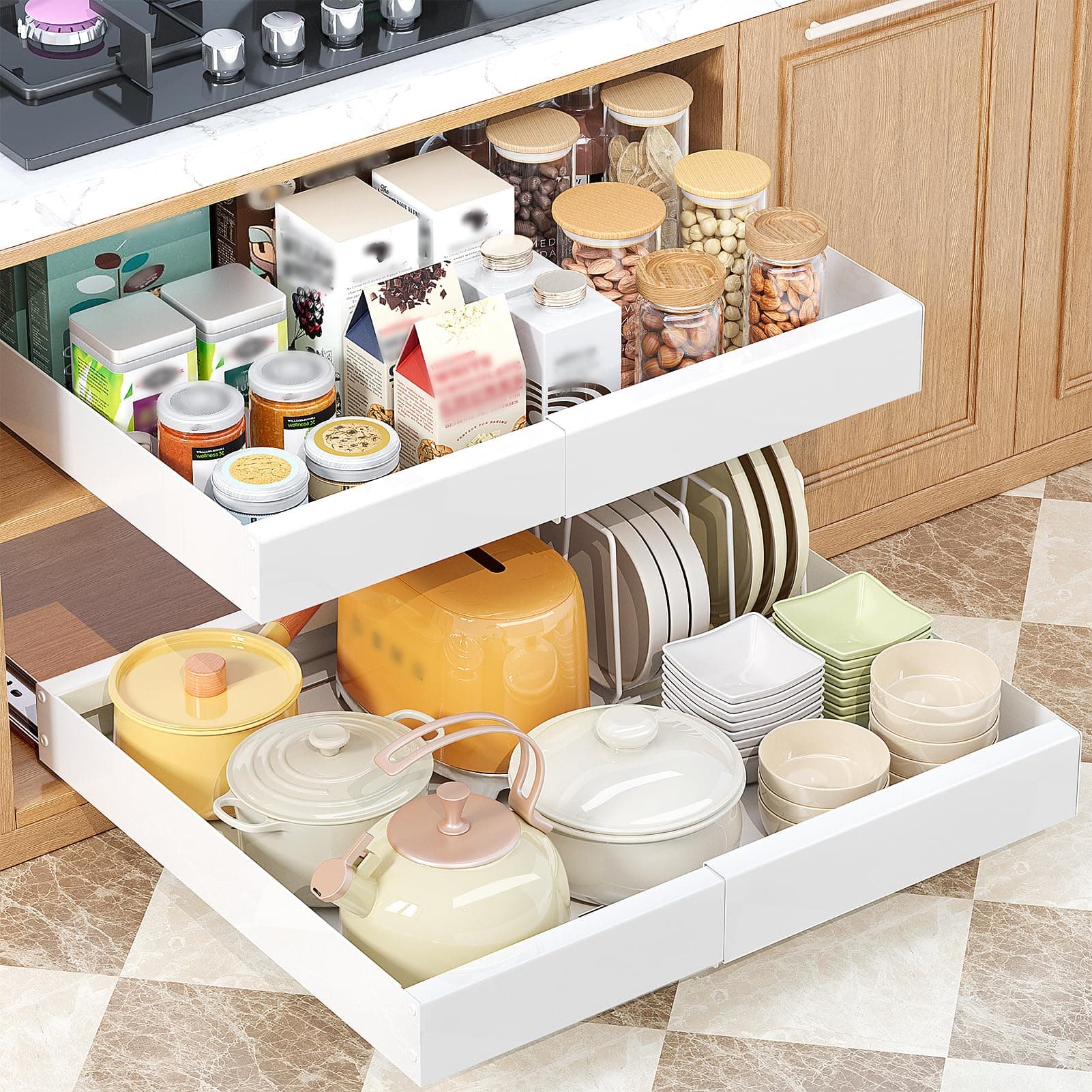 Ronlap Slide Out Drawer, Extendable Pull Out Cabinet Organizer Kitchen Cupboard, 43CM x 29-45 CM Extendable Sliding Drawer, No Drilling and Nailing, Kitchen Storage White