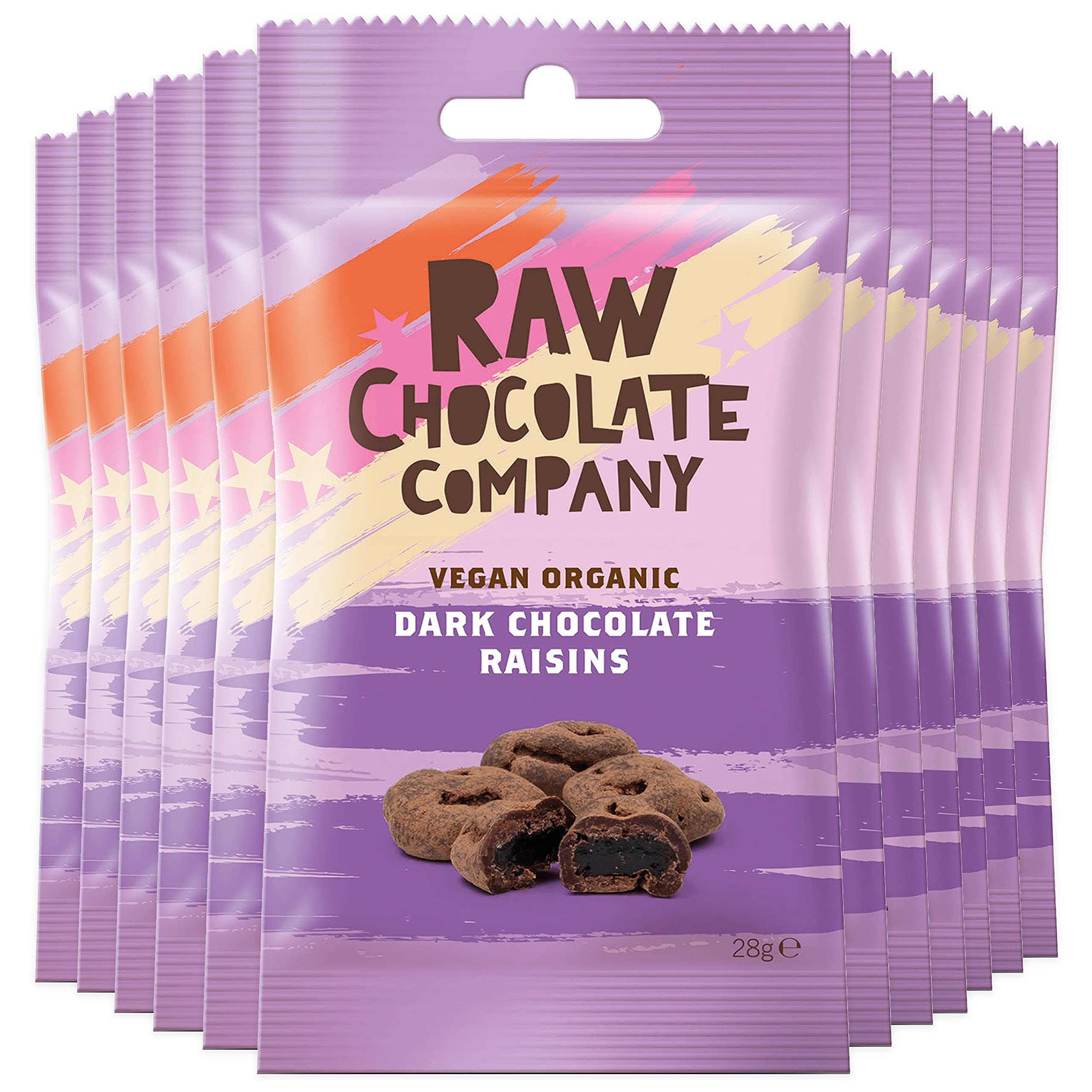 The Raw Chocolate Company Vegan Chocolate Raisins 28g x 12 - Organic Raw Lactose Free Dark Chocolate - 72% Cacao - Vegan Snacks - Gluten & Dairy Free Chocolate