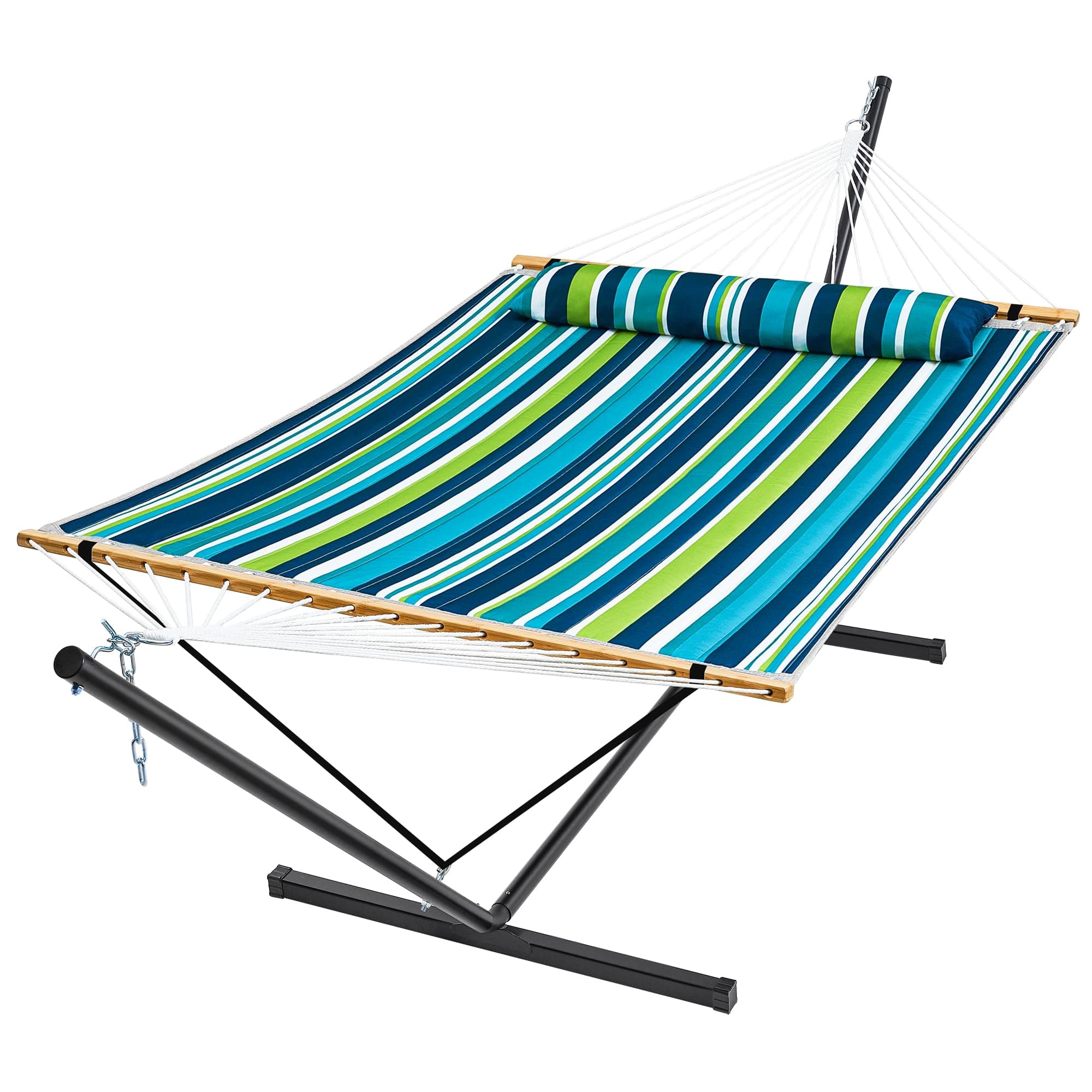 SUPERJARE Hammock with Stand, 2 Person Quilted Outdoor Hammock, Detachable Pillow & Bamboo Spreaders, Portable Hammock with Carrying Bag, Heavy Duty Stand, Perfect for Outside, Patio, Dark Cyan
