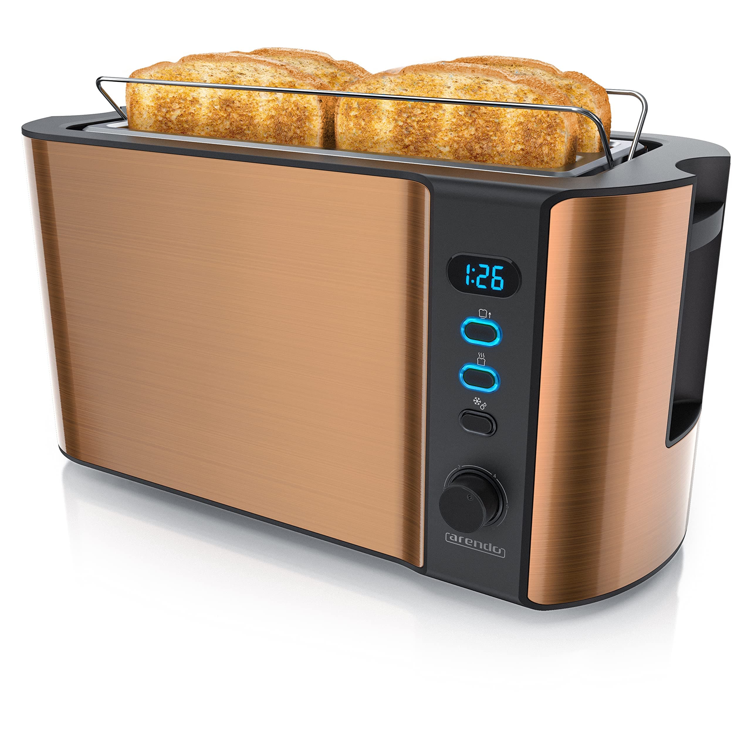Frukost 4 slice long slot toaster - double wall housing – with warming rack – 6 browning settings – auto bread centring – reheat defrost cancel function– remaining time display