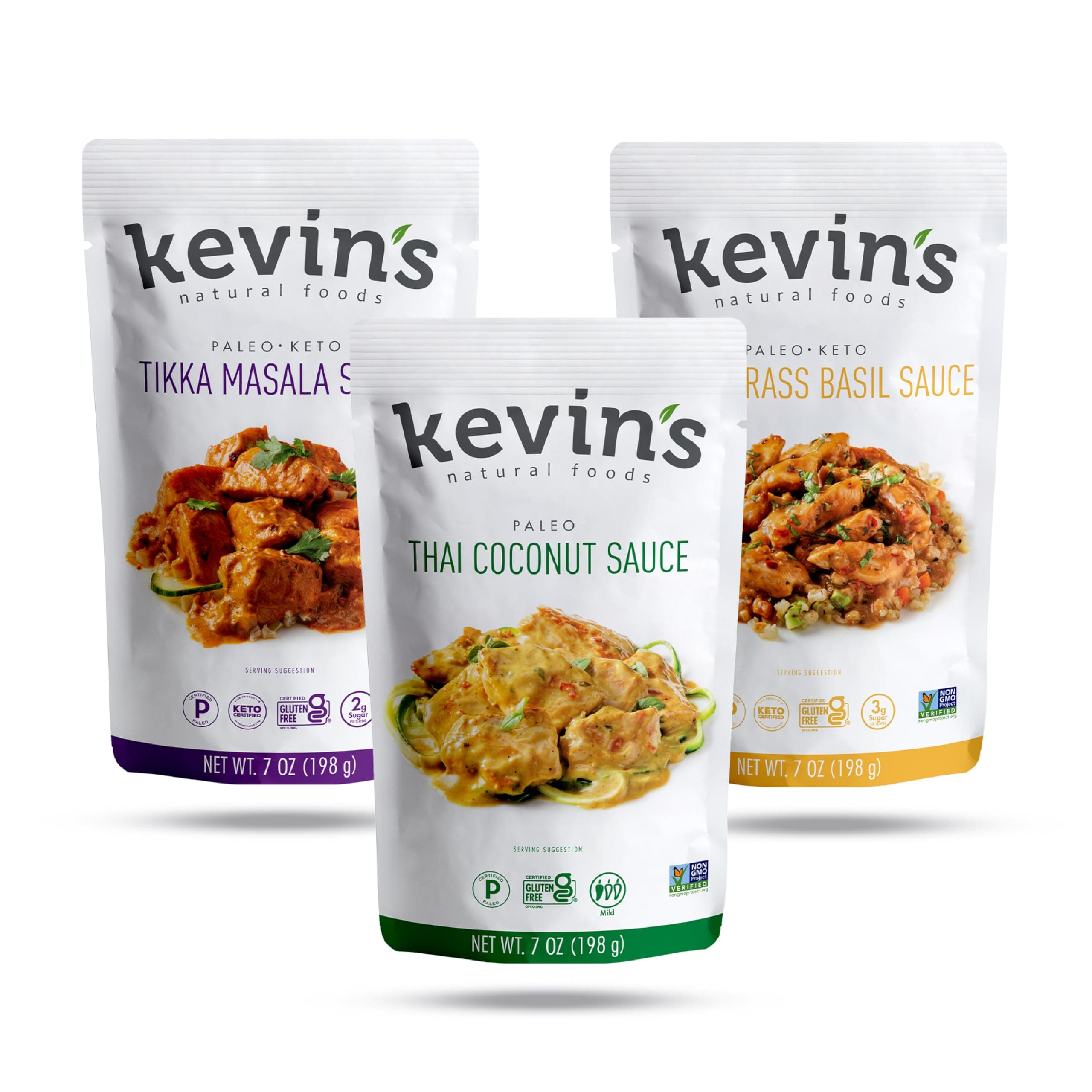 Kevin's Natural Foods Paleo Simmer Sauce Variety Pack - Stir-Fry Sauce, Gluten Free, No Preservatives, Non-GMO - 3 Pack (Tikka/Thai Coconut/Lemongrass Basil)
