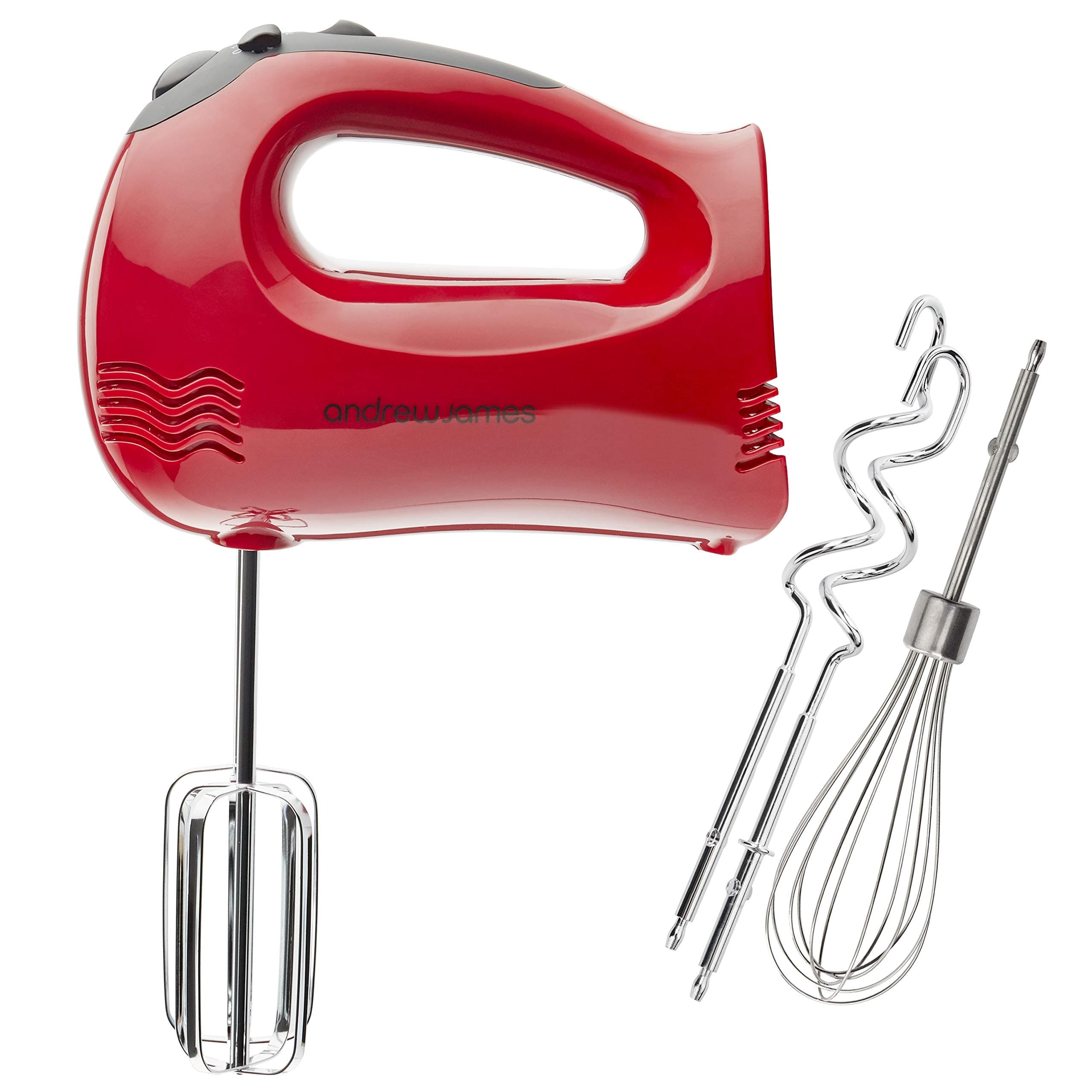 Andrew James Professional Hand Mixer in Red, 300 Watts Electric Mixer, Includes Beaters, Dough Hooks and Balloon Whisk, 5 Speed with Turbo Button