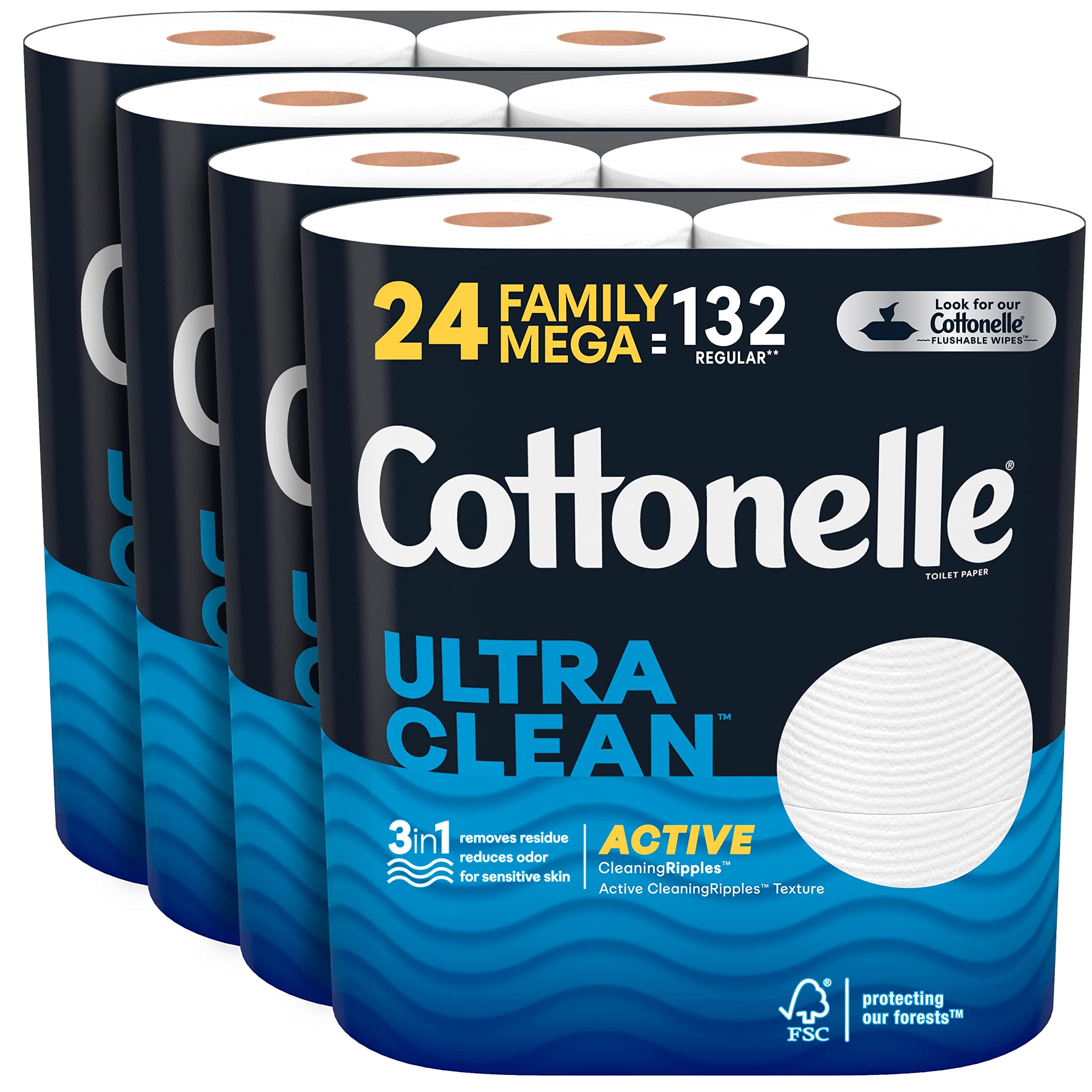 Cottonelle Ultra Clean Toilet Paper with Active CleaningRipples, 1- Ply, 6 Count (Pack of 4), (24 Family Mega Rolls= 132 Regular Rolls), 388 Sheets per Roll, Packaging May Vary