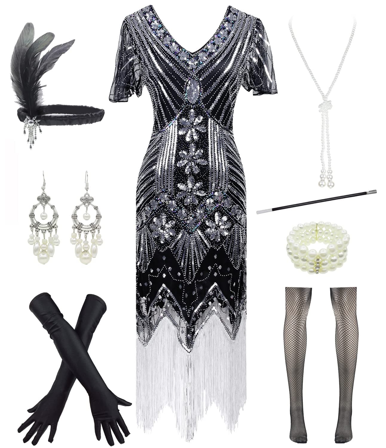 Women 1920s Gatsby Vintage Sequin Flapper Fringe Party Plus Dress with 20s Accessories Set