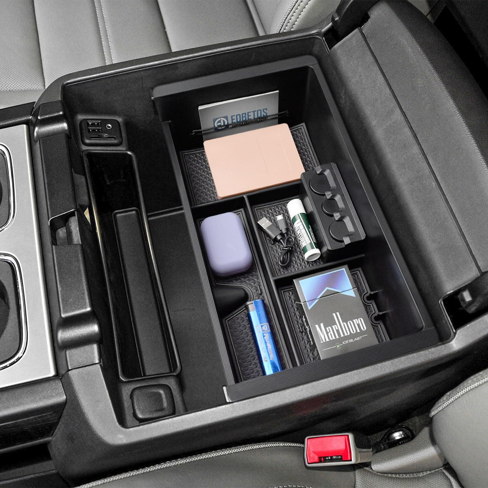 EDBETOS Center Console Organizer Tray Compatible with GMC Sierra 1500 Accessories/Silverado 1500 2014-2018 / Silverado 2500/3500 HD 15-19 /Suburban/Tahoe/Yukon 15-20 Armrest Storage Box (Black Trim)