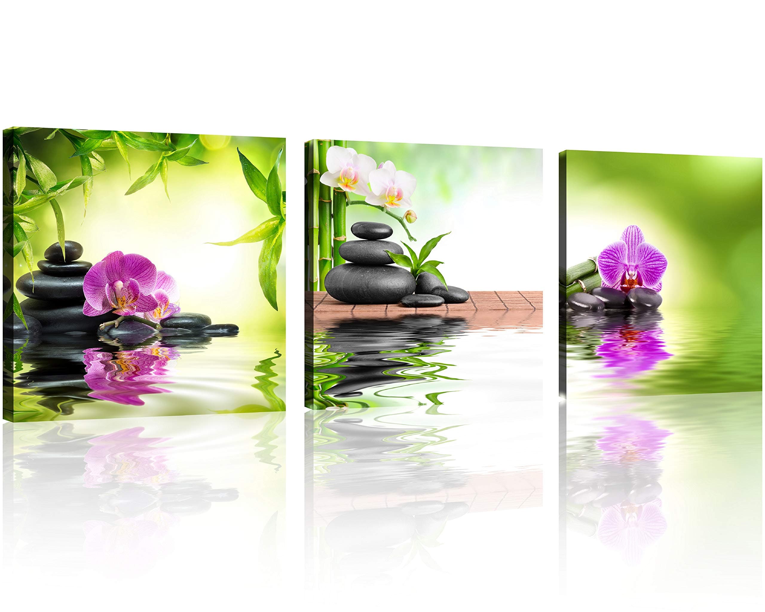 TutuBeer Zen Art 3 Panels Spa Decor Spa Stone Zen Basalt Stones and Orchid Pictures Canvas Painting Zen Pictures Prints on Canvas for Home Kitchen Wall Decor Stretched and Framed Each Panel 12x12inch