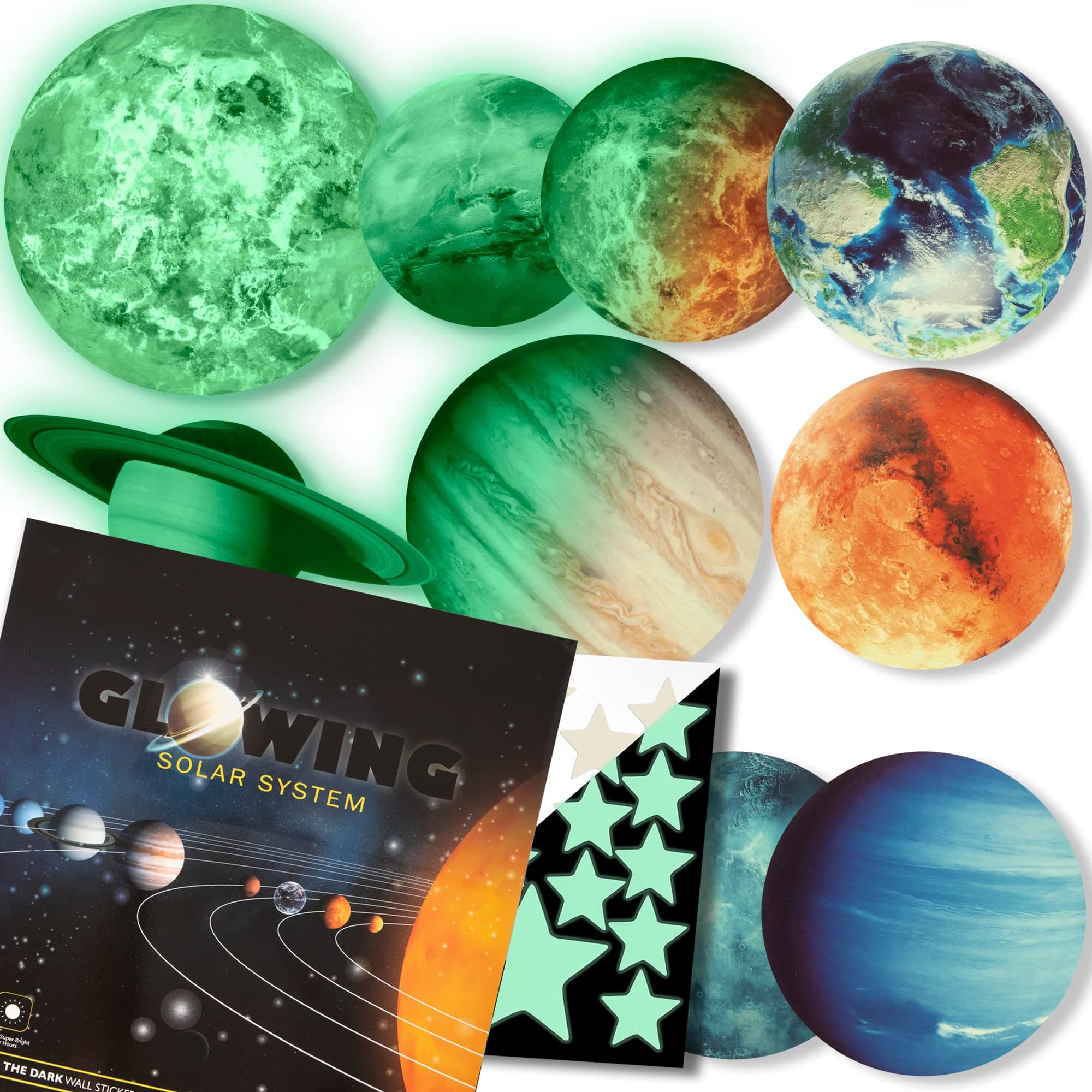 LIDERSTAR Astronomy Glow in The Dark Stars and Planets, Bright Solar System, Sun Earth Mars and so on, 9 Glowing Ceiling PVC Wall Decals