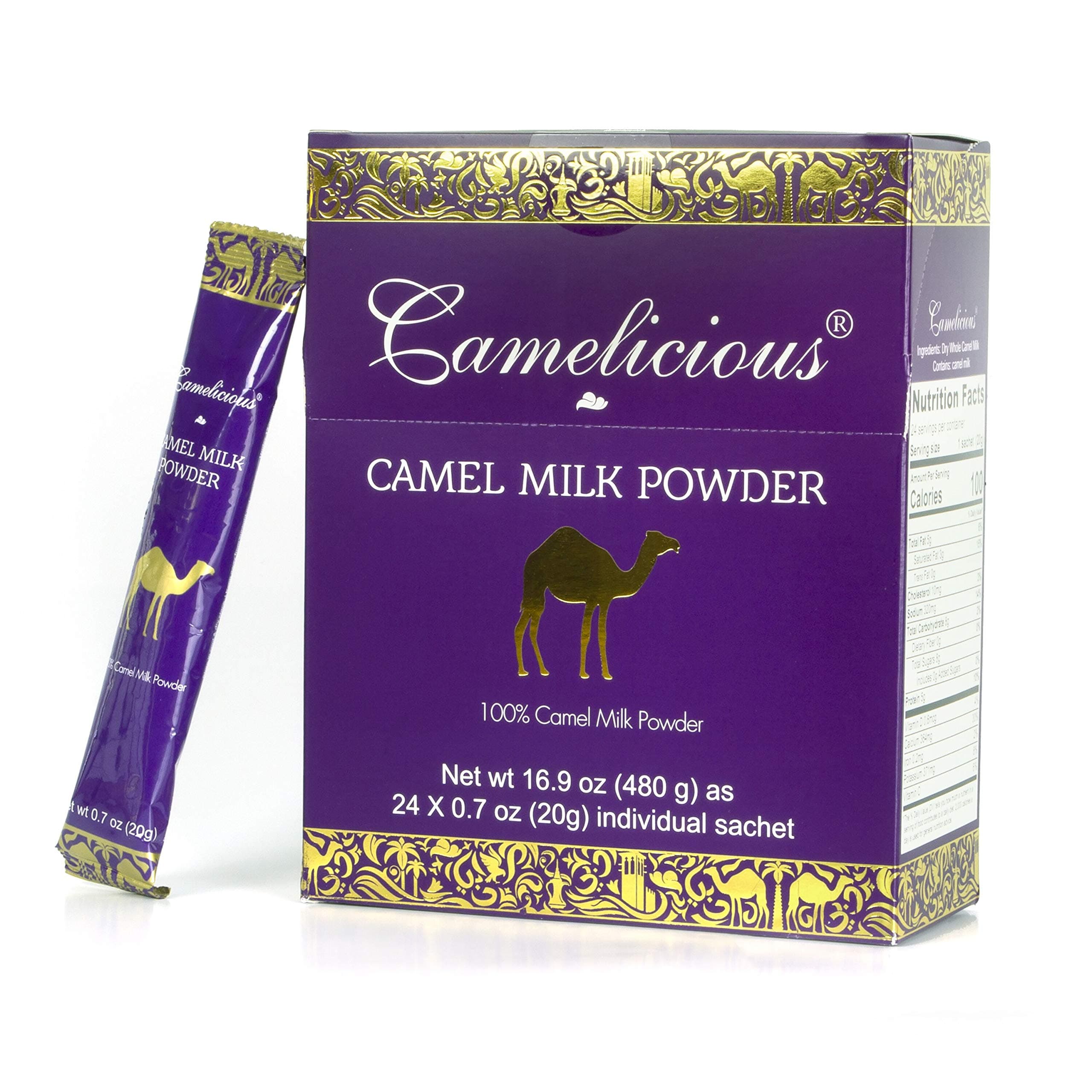 CamelMilk Powder Camelicious 16.9 oz (480 g) Box US Edition (24 Packets x 20g Each) Non-GMO Gluten Free Low Lactose Alternative Dry Milk - Flash Pasteurized Powdered Camel Milk Longer Shelf Life