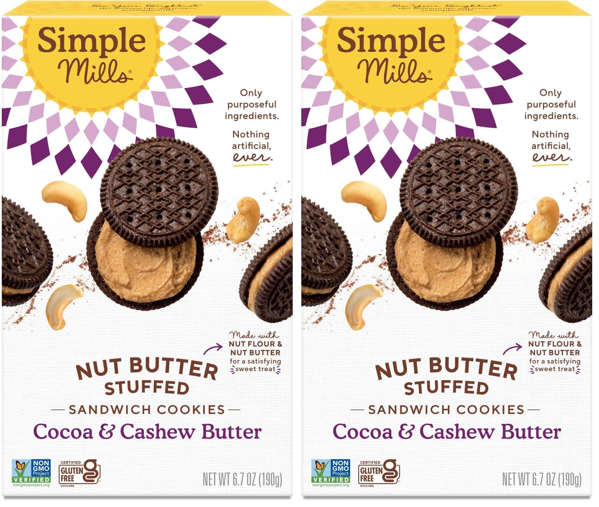 Simple Mills, Cocoa Cashew Crème Sandwich Cookies - Gluten Free, Vegan (Pack of 2)