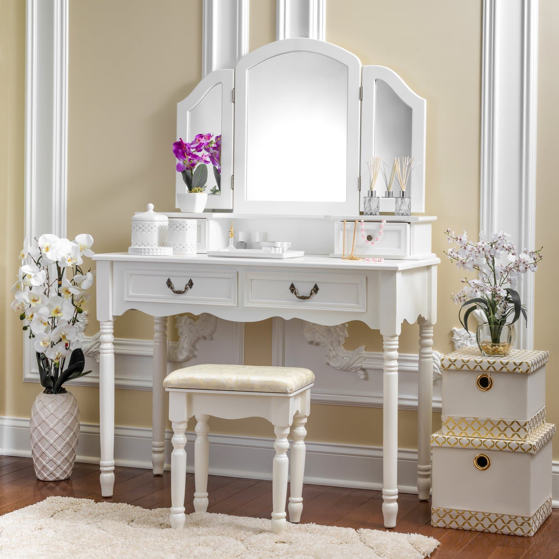 Elegant Vanity Set Makeup Dressing Table with 3 Mirrors and Stool, 4 Drawers, White