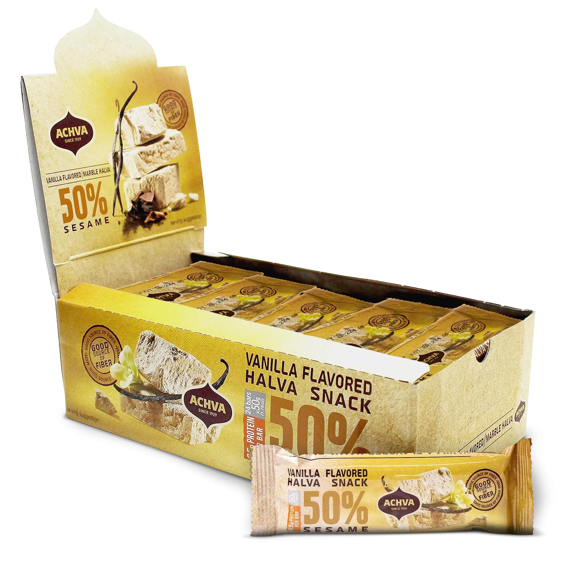 – Halva Tahini Bars - Vanilla Flavour Halva Bars - 50g x 24 bars - 50% Sesame - Natural Source of Protein, Super Seed, Kosher, Gluten Free Bars - Healthy Snacks - Halva Sesame Energy Bars