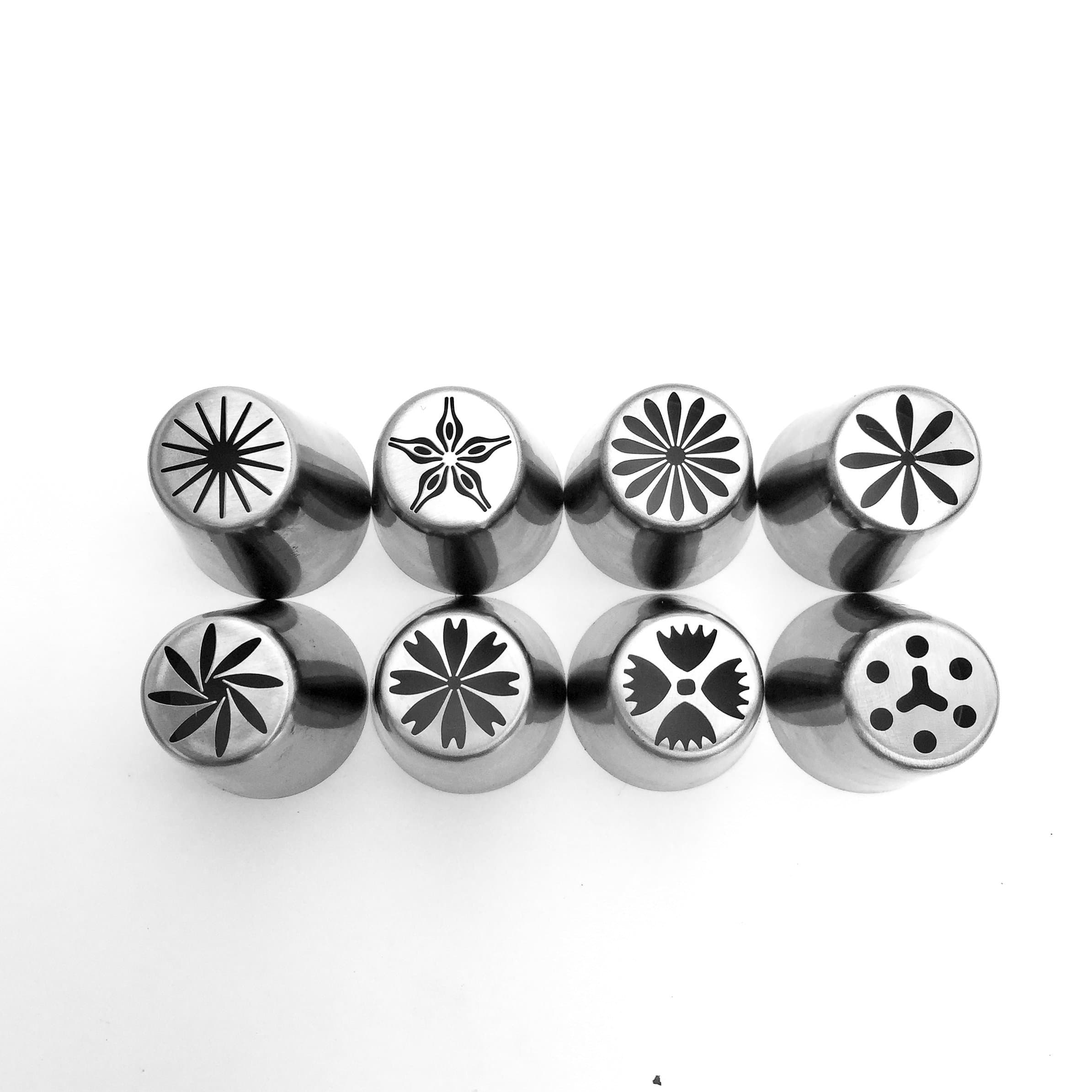 8 Piece Set #2 - Schast'ye Original Russian Piping Tips #9-#16 - Professional Cake Decorating Tool Kit Includes: 8 Stainless Piping Tips + 1 Pastry Bag (9 Pieces Total)
