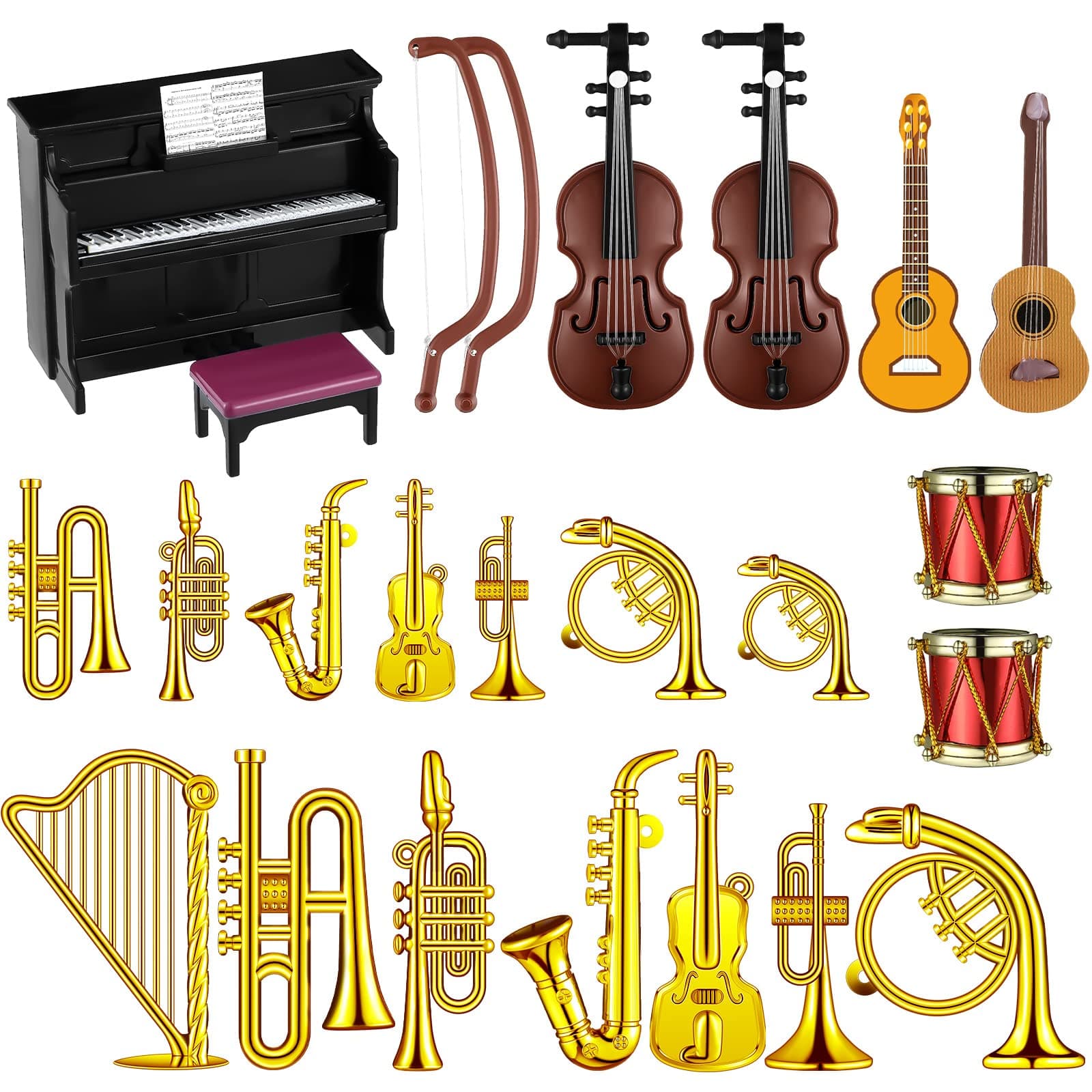 Civaner 24 Pcs Dollhouse Musical Instruments Christmas Miniature Violin Piano Trumpet Saxophone Electric Guitar Tiny Instruments Set for Xmas Party Gift Mini House Musical Room Succulent Garden