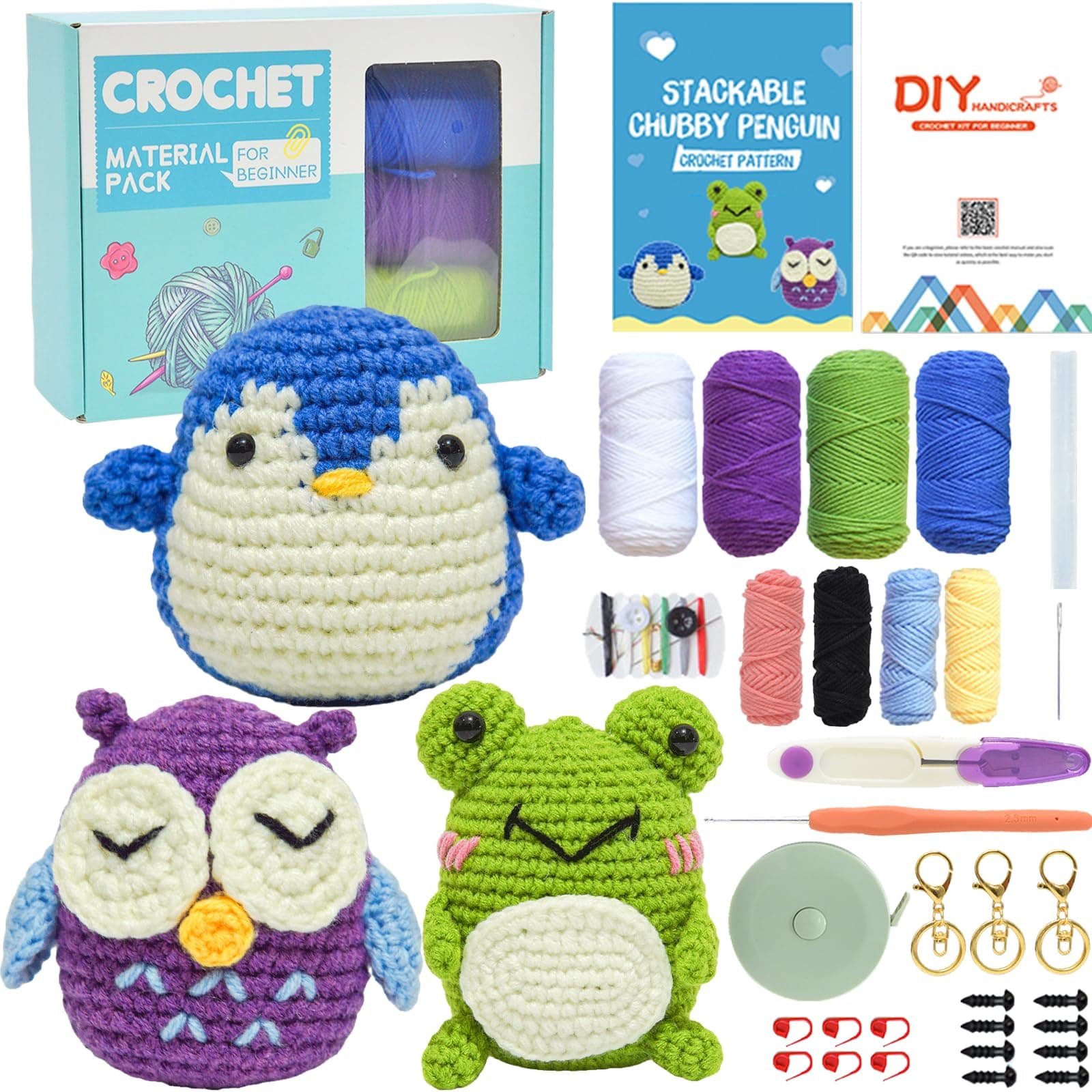AolawcoCrochet Kits for Beginners Adults, 48PCS Animal Knitting Kit Accessories with Video Tutorials, Knitting Starter Kit for Adults Kids - Knitting for Beginners Kit (Penguin+Owl+Frog)