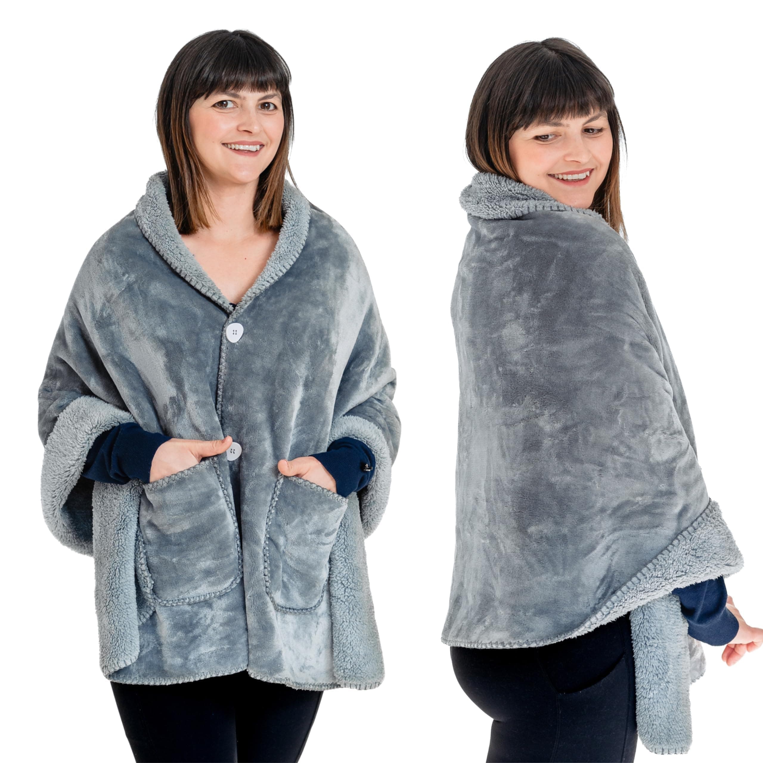 Premium Double Layer Poncho Blanket -No Sleeves Easy On Easy Off- Drape and Go- Top Christmas Gifts for Grandma, Gift for Mom and Elderly Women (Silver Grey)