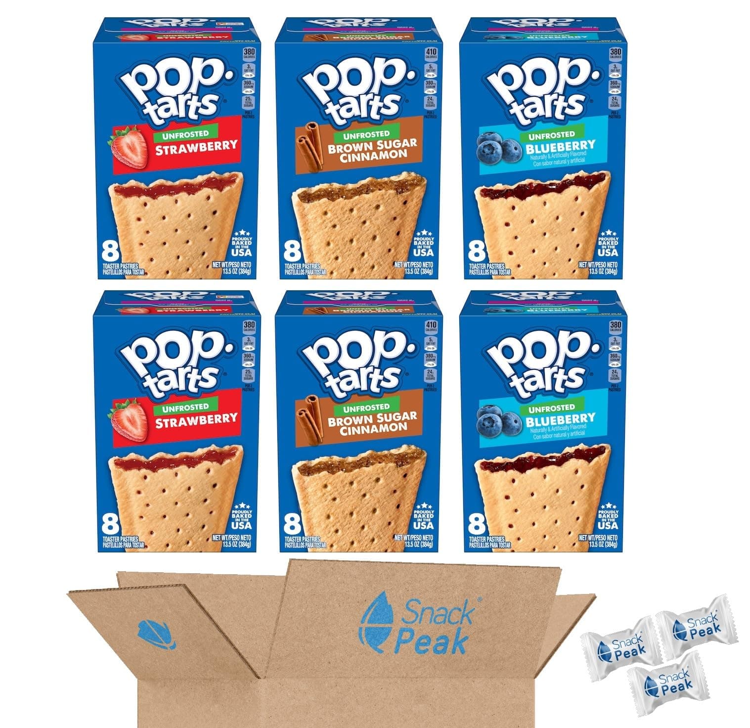 Unfrosted Toaster Pastry Snack Peak Variety Gift Box - 6 (13.5 oz) Boxes – Strawberry, Blueberry and Brown Sugar Cinnamon