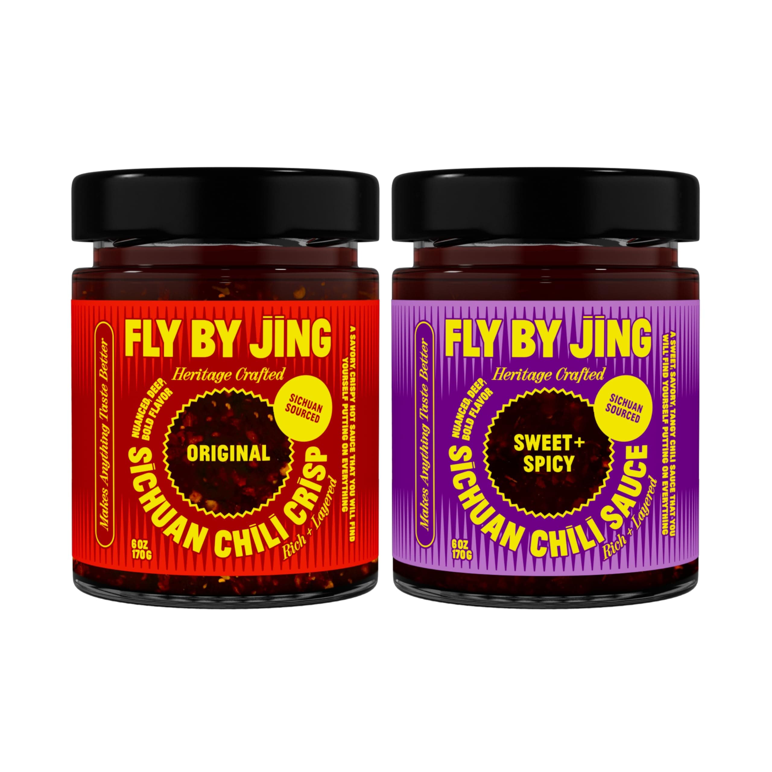 FLYBYJING Original & Sweet + Spicy Sichuan Chili Sauce Duo: Premium Chili Sauces Good on Noodles, Proteins, Veggies & Everything - Spicy, Savory, Vegan, Hot Sauces, 6oz (Pack of 2)