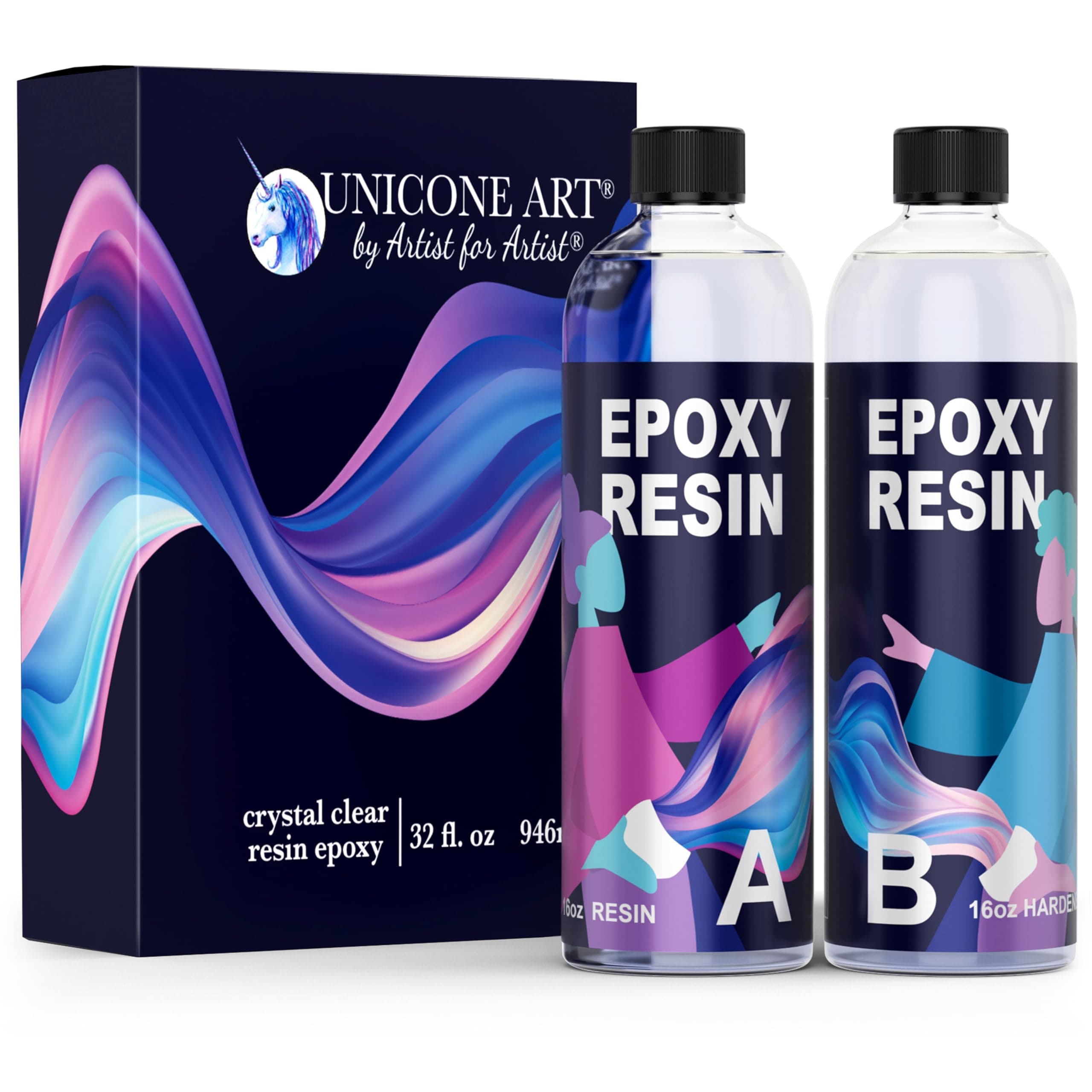 Epoxy Resin Craft Kit 32 Oz - Clear, Non-Toxic, UV Resistant, High Gloss, Odor-Free - Includes 16 Oz Resin & Hardener - Ideal for Art & Craft Projects