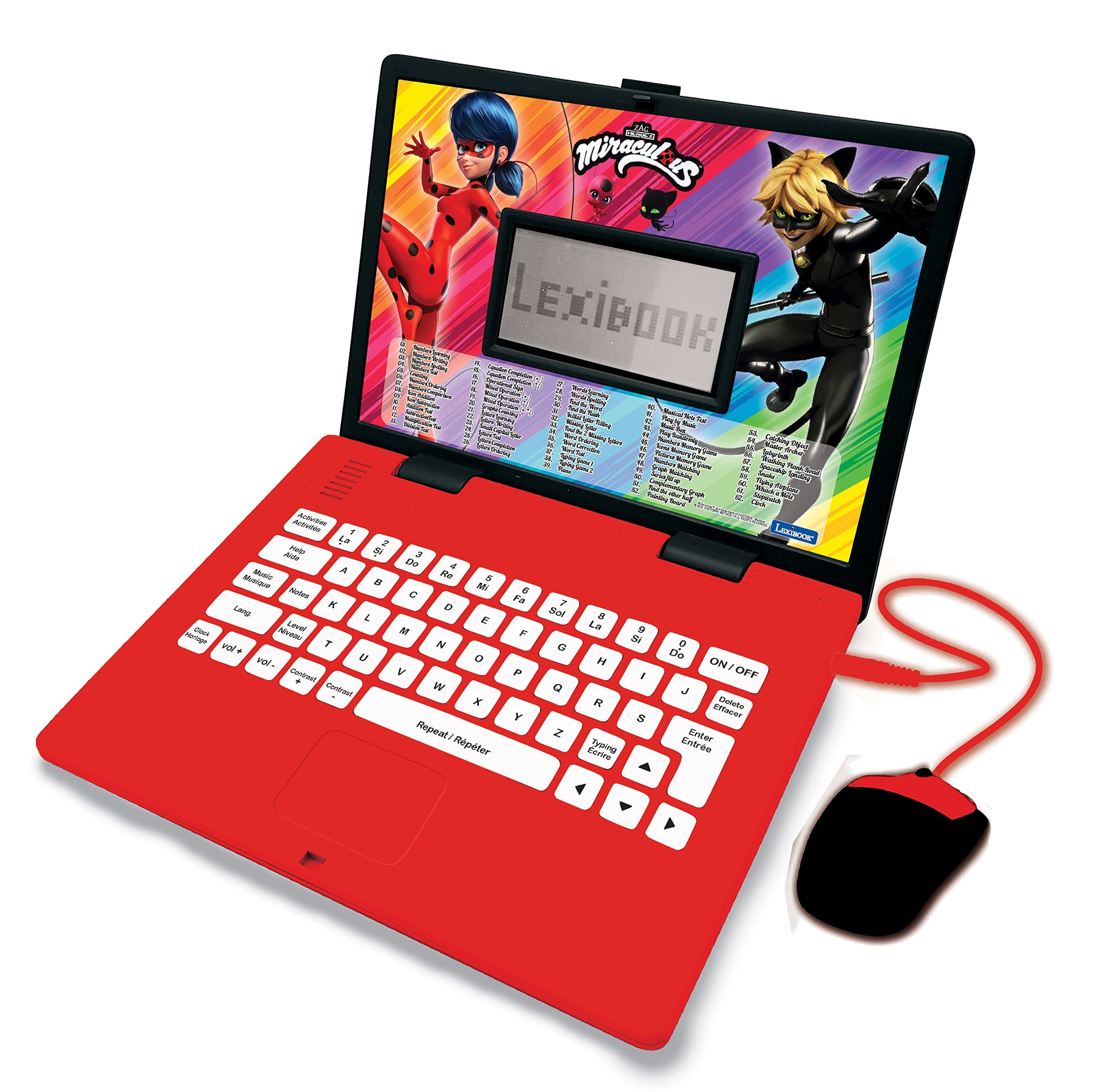 – LEXIBOOK, Miraculous Ladybug Cat Noir, Educational and Bilingual Laptop French/English, Toy for Child Kid (Boys & Girls), 124 Activities, Learn Play Games and Music with Ladybug, Red/Black, JC598MIi1