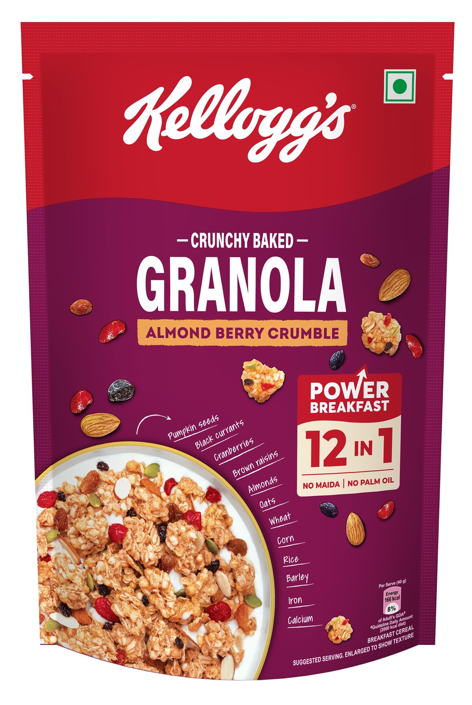 Kellogg’s Crunchy Almond Berry Crumble Granola 450g | 12-In-1 Power Breakfast | No Maida, No Palm Oil | Source of Protein & Fibre | Baked Multigrain Clusters