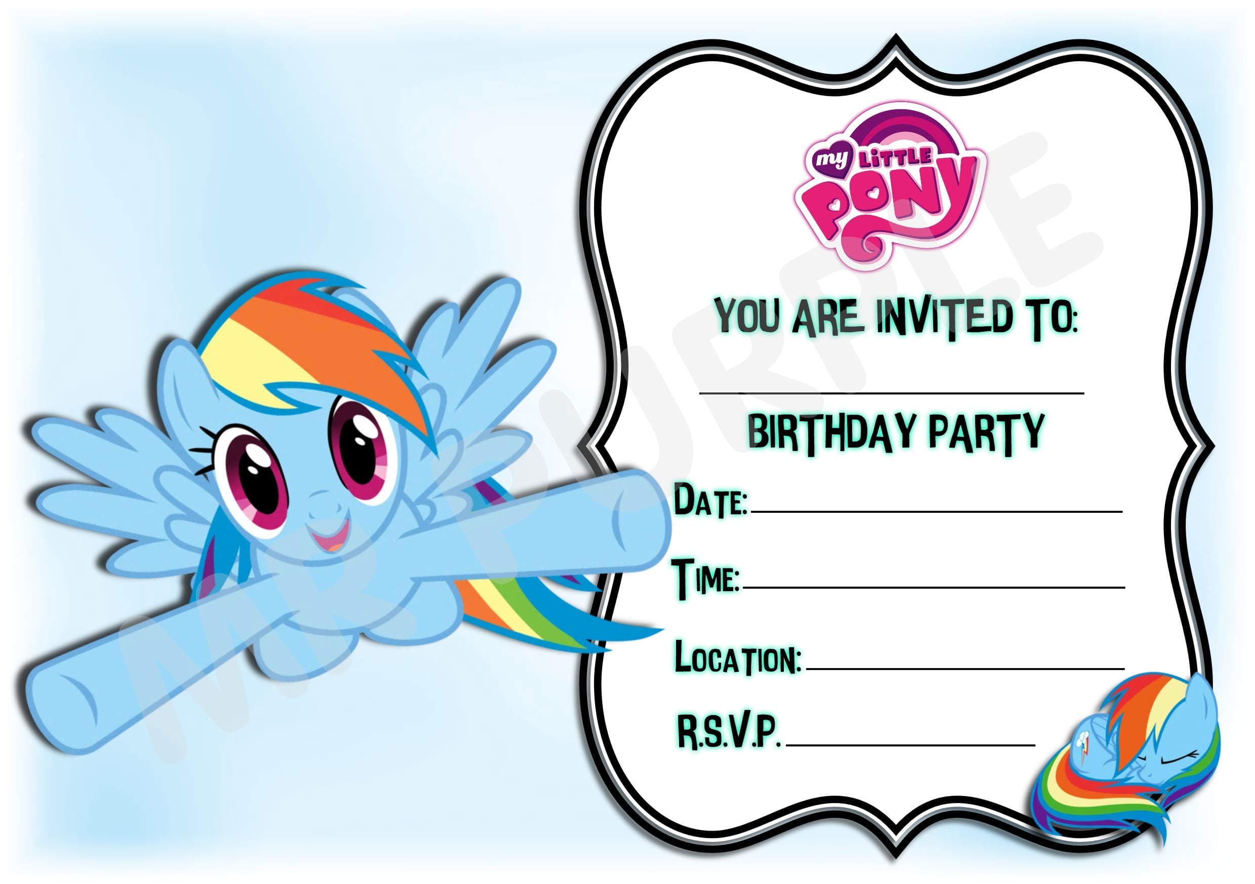 My Little Pony Birthday Party Invites - Rainbow Dash Frame Design Party Decorations/Accessories (Pack of 12 A5 Invitations) (with Envelopes)