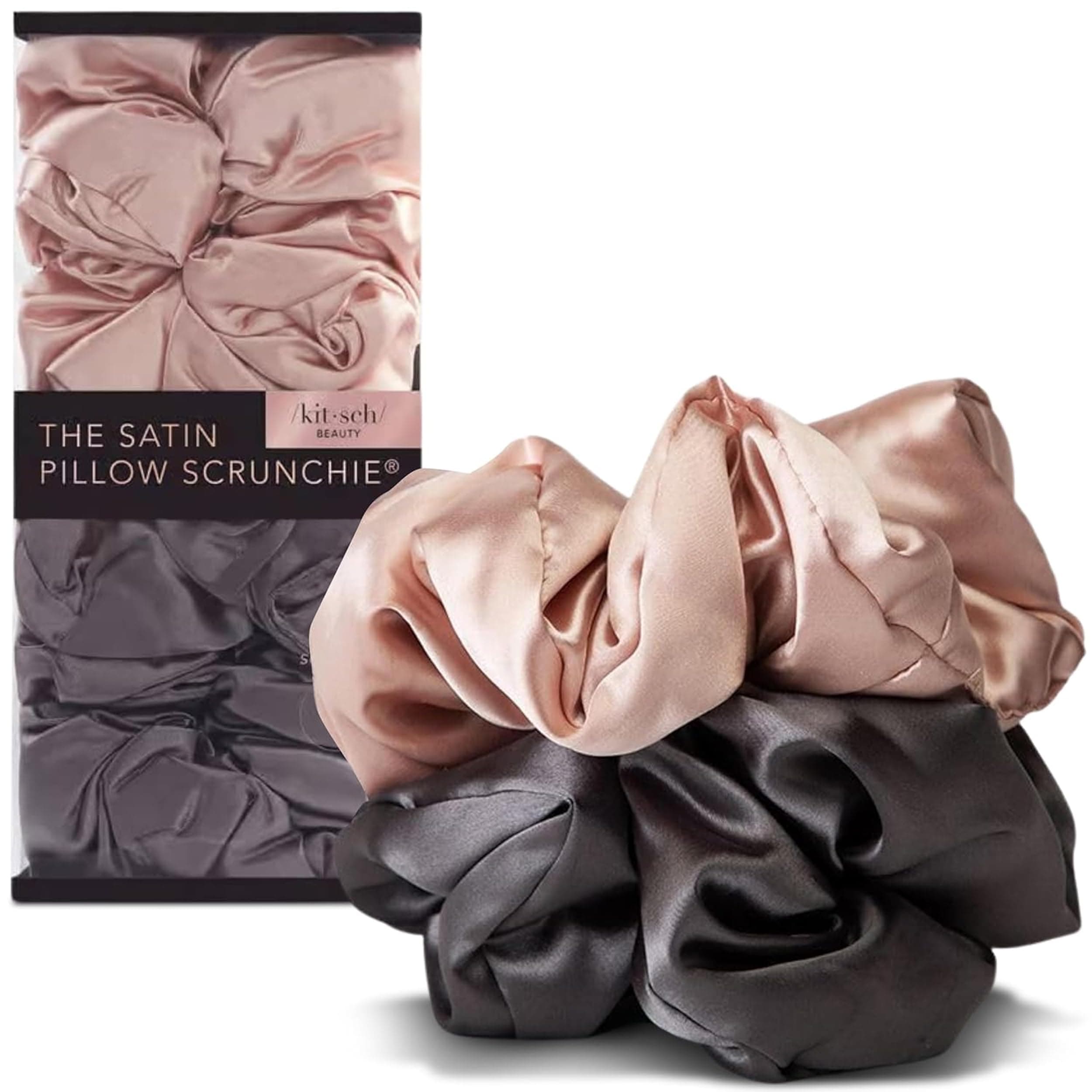 Satin Pillow Scrunchies, Hair Accessories, Prevents Frizz and Breakage, Ideal for Overnight Use, Ponytails Buns, Up dos and Braids, All Hair Types, 2 count (Blush/Charcoal)