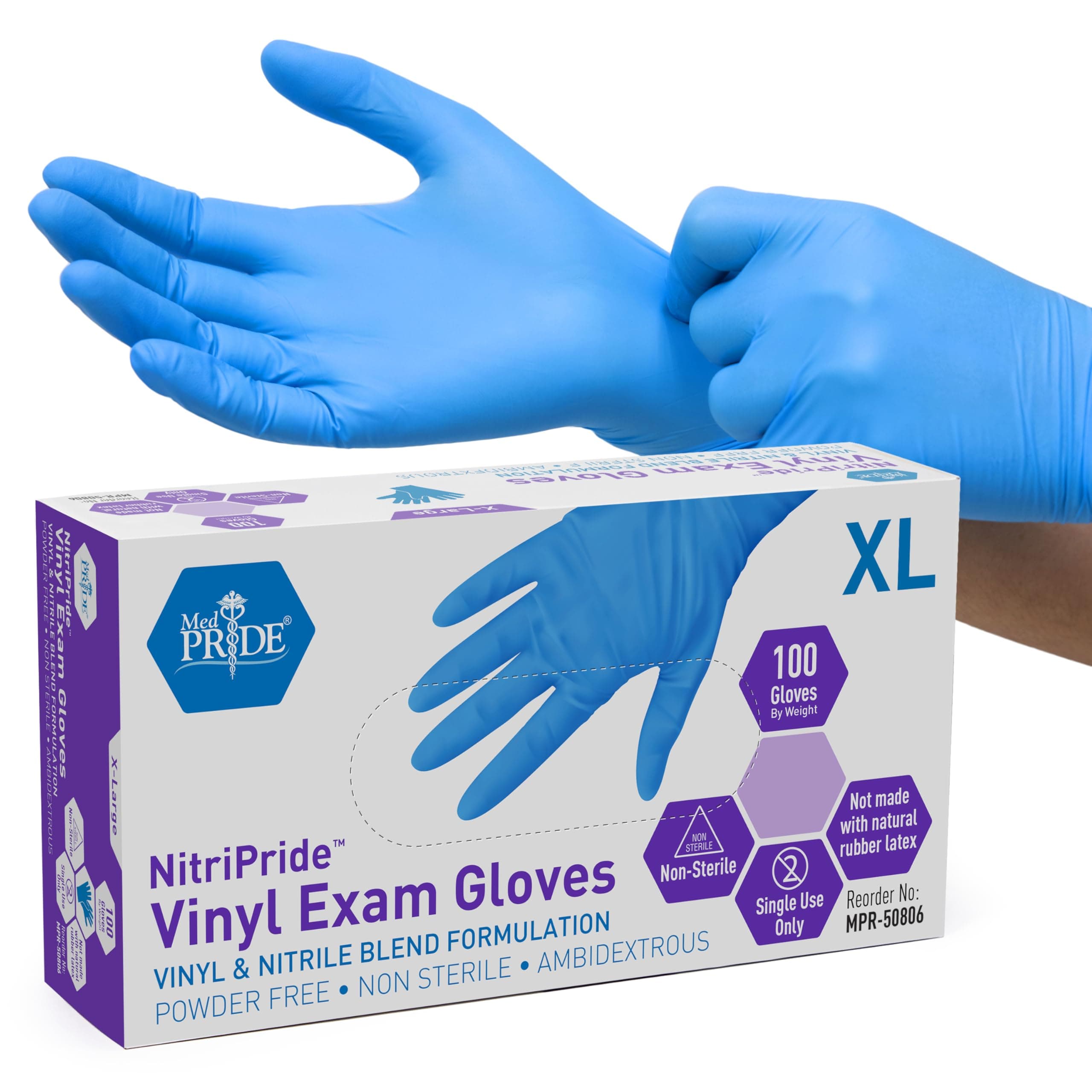MED PRIDE Nitrile/Vinyl Blend Exam Gloves, Powder-Free, Latex-Free, Disposable, Non-Sterile, Blue, X-Large (Box of 100)