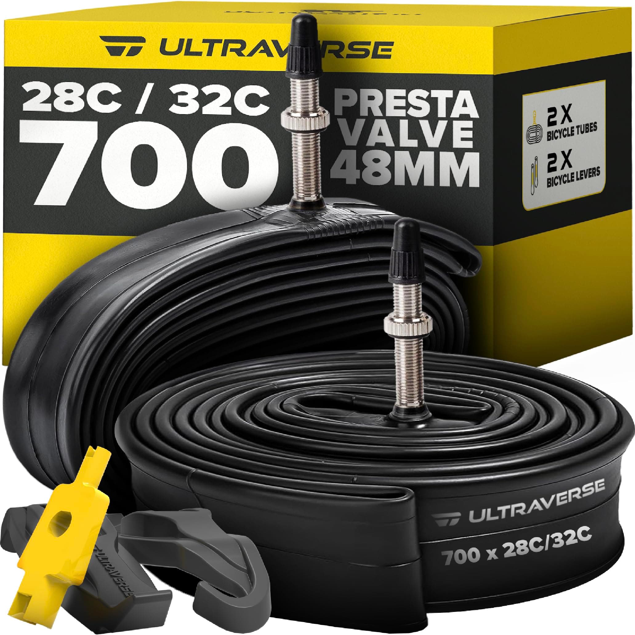 Ultraverse Bike Inner Tube for 700x23-25c, 700x28-32c, 700x35-43c 28 inch Bicycle Wheel Sizes with 48mm Presta Valve - Butyl Rubber Tubes for Road and Gravel Bikes - 2 Tubes, 2 tire levers Included