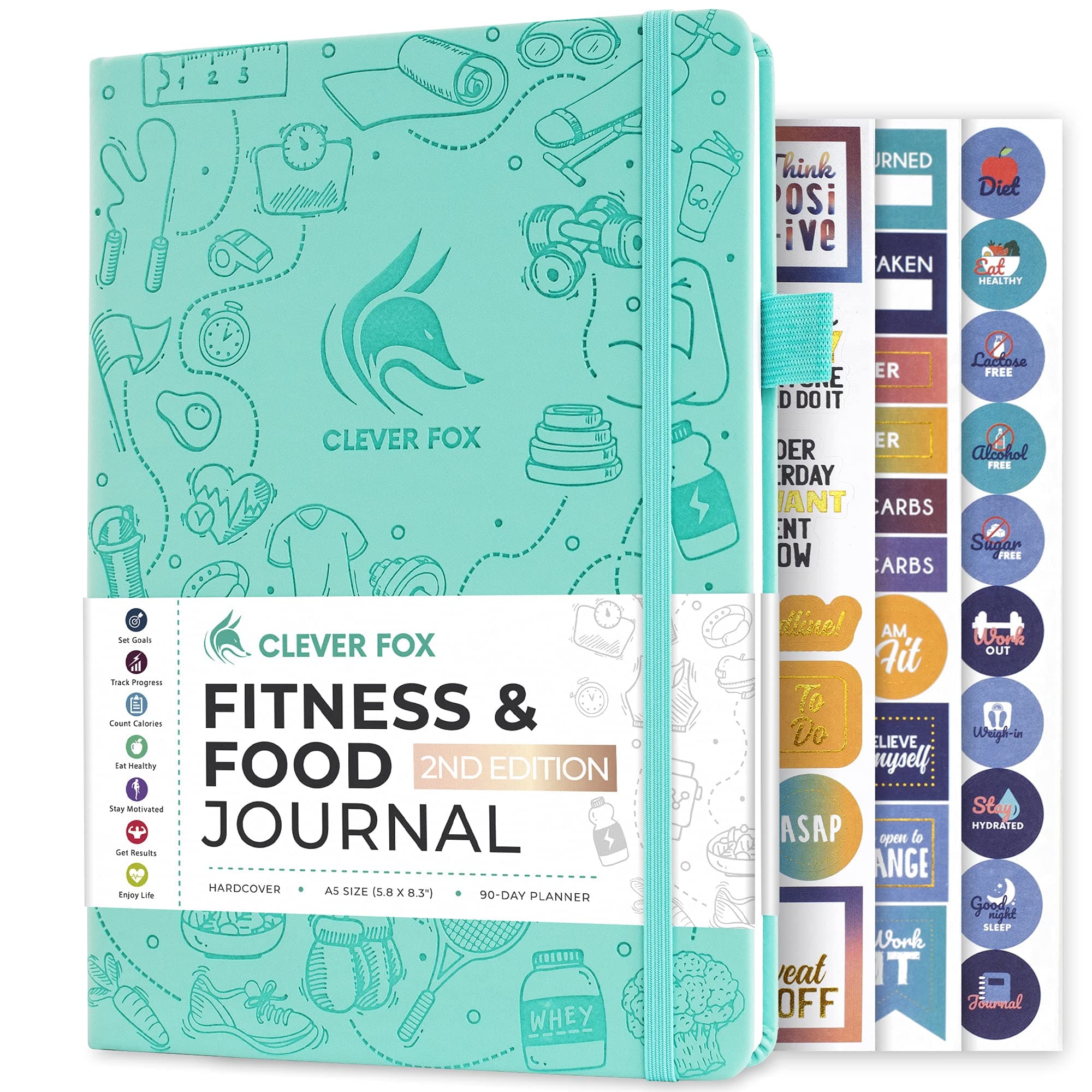 Clever Fox Fitness & Food Journal – Nutrition & Workout Planner for Women & Men – Diet & Gym Exercise Log Book with Calendars, Diet & Training Trackers - Undated, A5 Size, Hardcover (Turquoise)