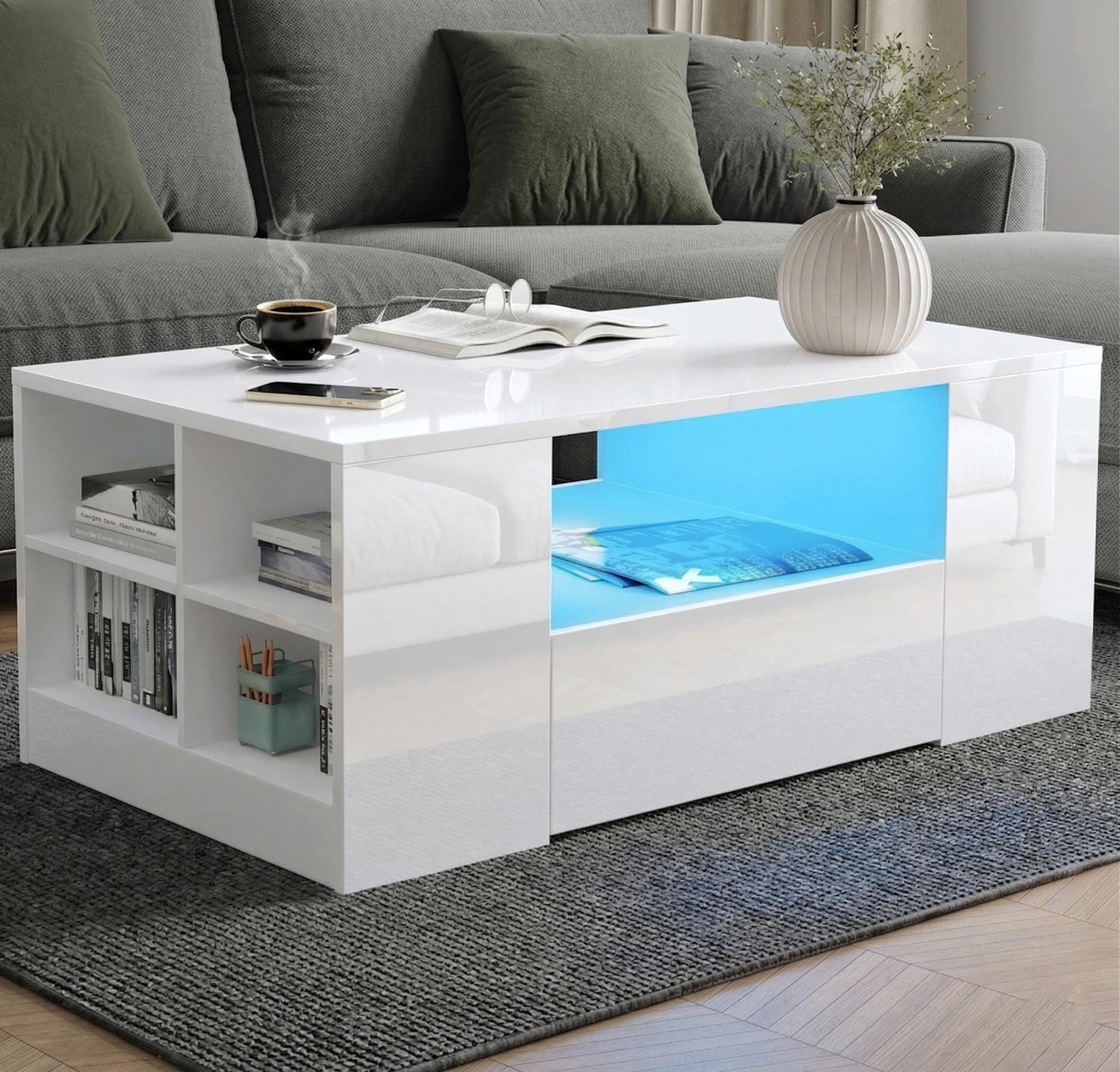 Blisswood Led Coffee Table with 2 Drawer Storage, High Gloss Coffee Table for Living Room Wooden Centre Table with RGB Led Lights Rectangle Tea Table for Living Room Furniture, White