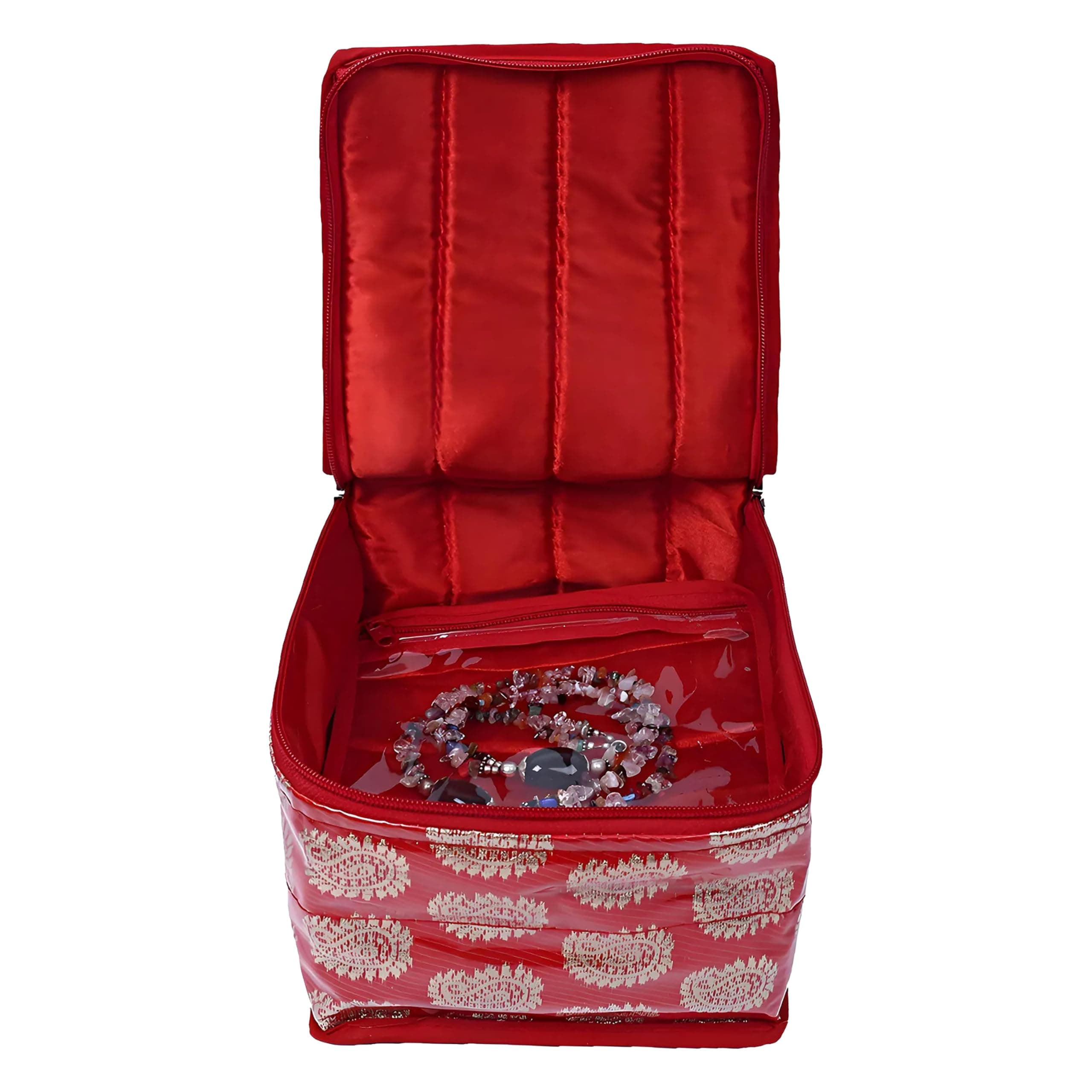 Kuber Industries Brocade Jewellery kit with 10 Pouch|Solid Print with Waterproof Outer Material|10 Pouches & Zipper Closure|Size 19 x 18 x 13, Pack of 1 (Red)