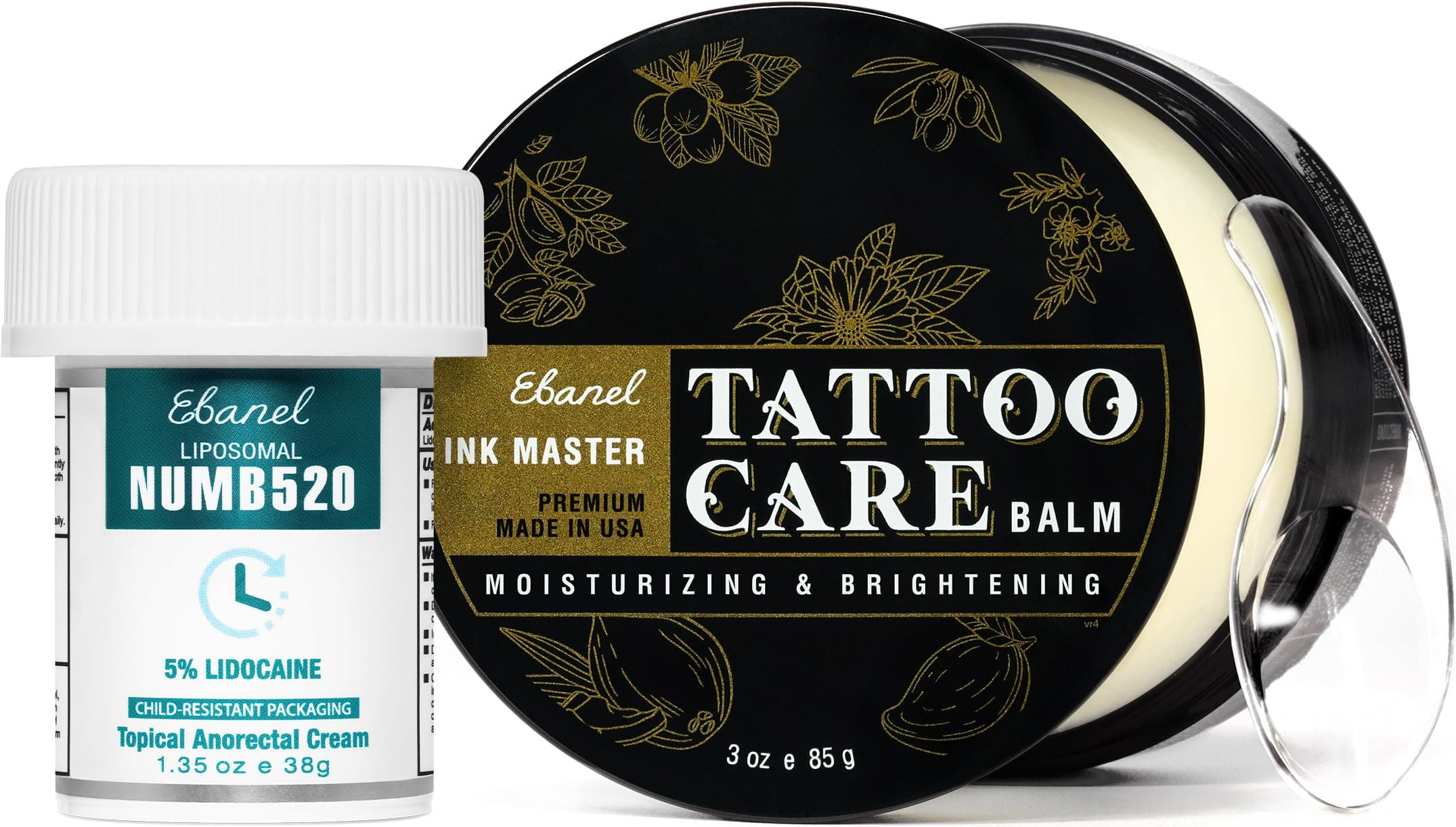 Ebanel Set of 5% Lidocaine Numbing Cream and Tattoo Balm, Numb520 Topical Anesthetic Pain Relief Burn Itch Cream, and Premium Tattoo Aftercare Butter Brightener Ink Color Enhancing Ointment 3Oz