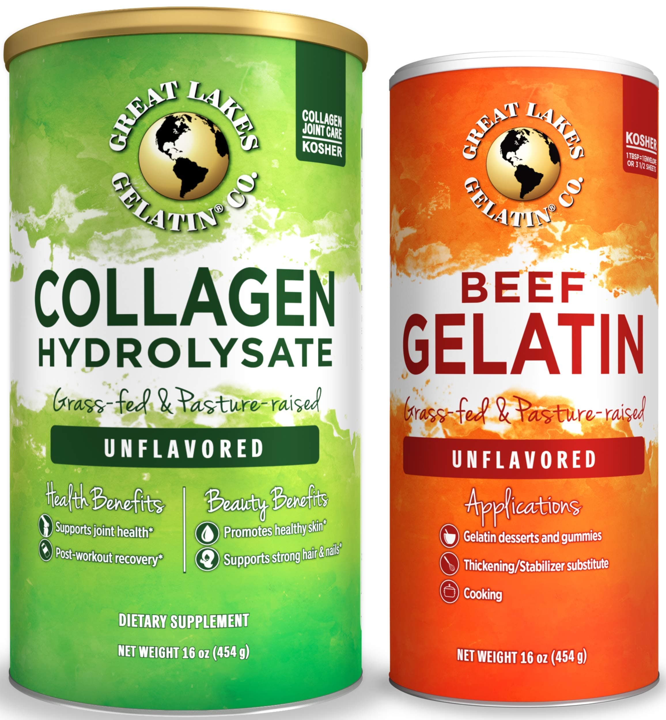 Great Lakes Gelatin, 16 Oz Cans: (1) Unflavored Kosher Beef and (1) Unflavored Kosher Collagen Hydrolysate