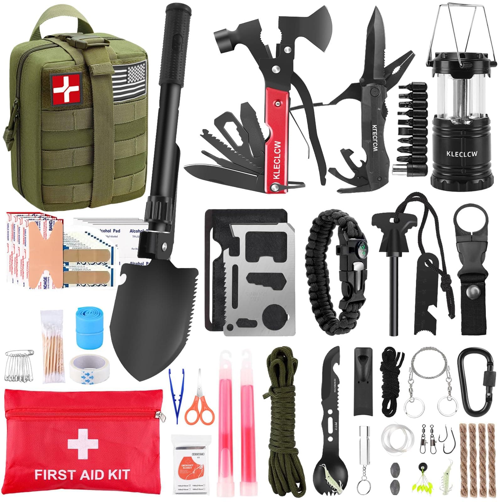 Survival Kit, 160 Pcs Emergency Supplies Camping Accessories with Upgraded MOLLE Bag Gift for Men, Outdoor Adventure, Camping, Hiking, Hunting (Green)