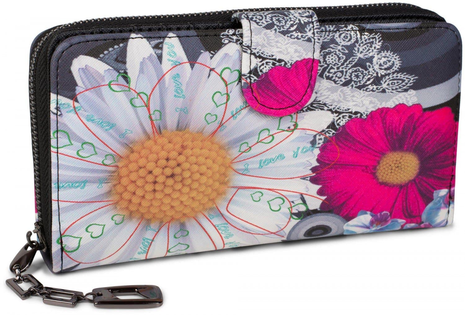 styleBREAKER Ladies Wallet with Colourful Floral Mandala Pattern, Ethno Style, Zip, Purse 02040040, Colour:Black-White-Pink