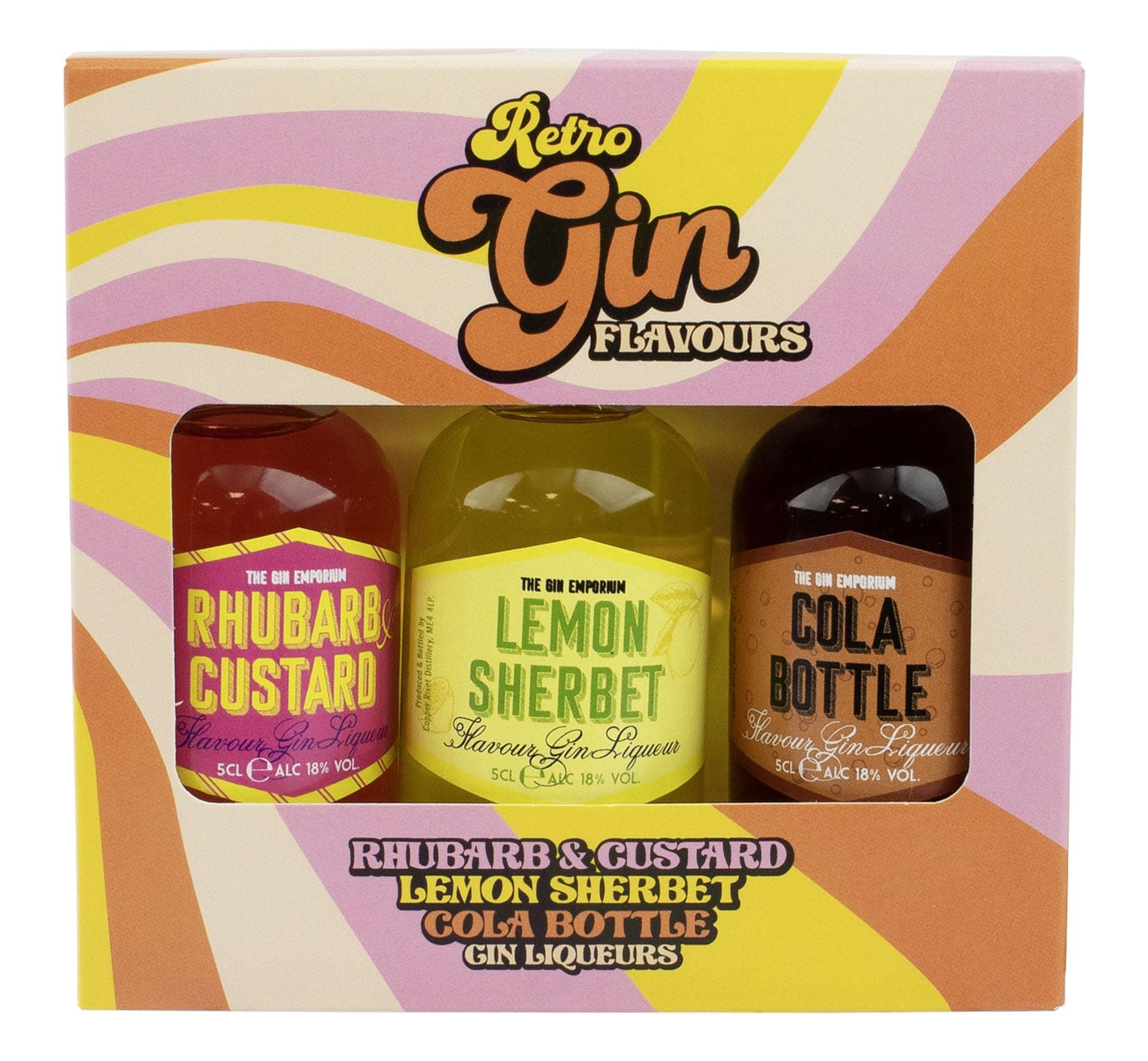 Gin Gift Set Retro Flavoured Collection by R3 - Rhubarb & Custard, Lemon Sherbet, Cola Bottle Gin Liqueurs - 3x 5 cl Alcohol Miniatures - Birthday, Valentines Day, Gin Gifts for Women and Men