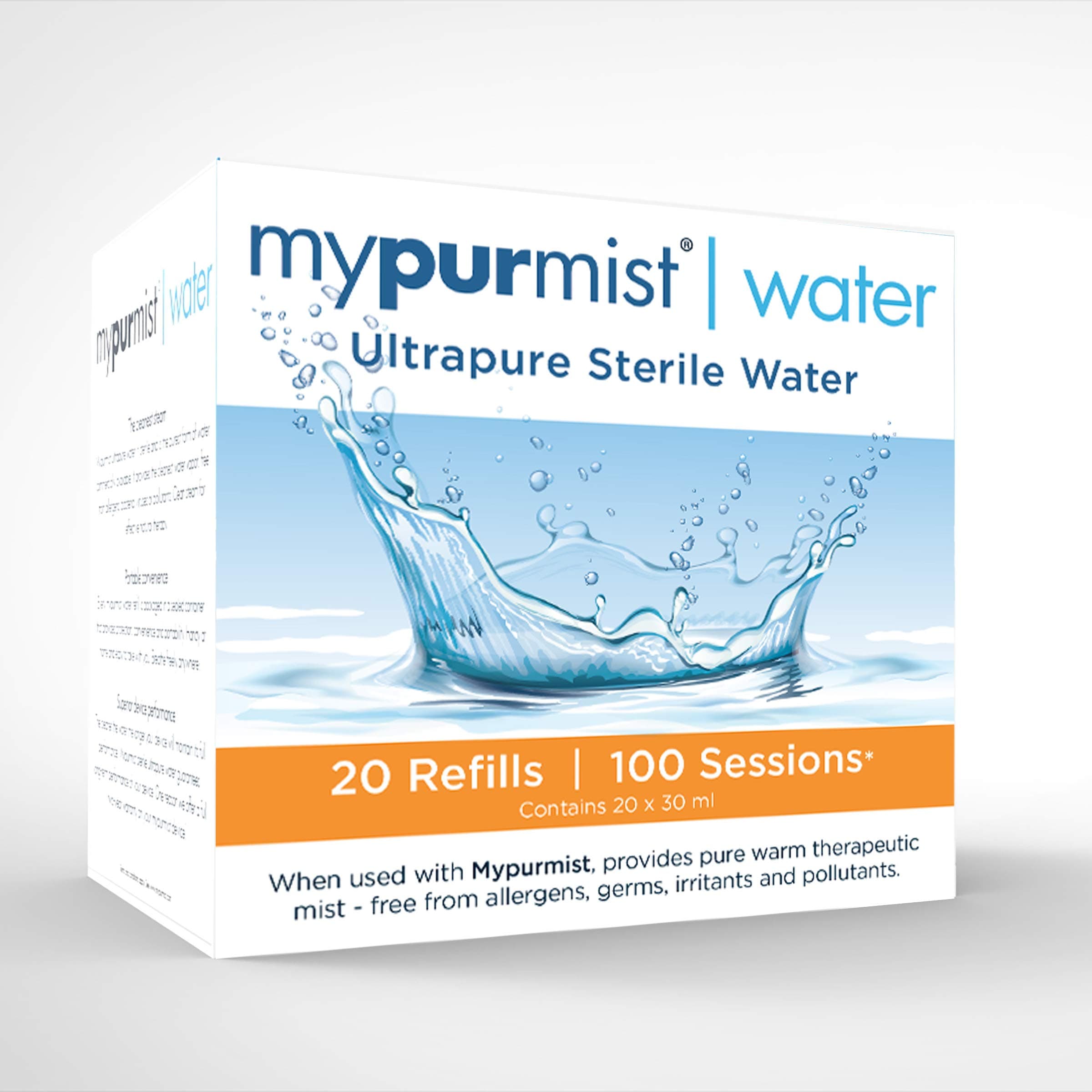 mypurmist Ultrapure Sterile Water for all Ultrapure Devices | Sterile Water for Steam Inhaler, 20 Refills - 40 Sessions, White
