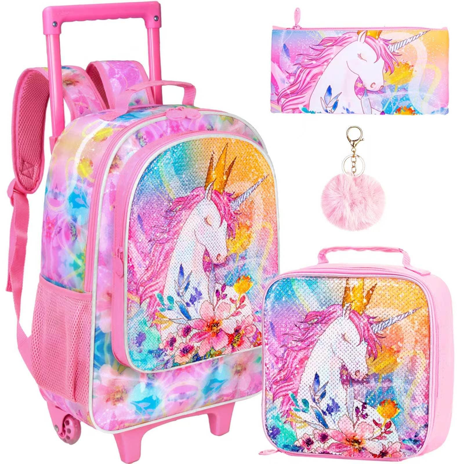 3PCS Kids Rolling Backpack for Girls, Unicorn Sequin Roller Wheeled Bookbag Toddler Elementary School Bag with Wheels