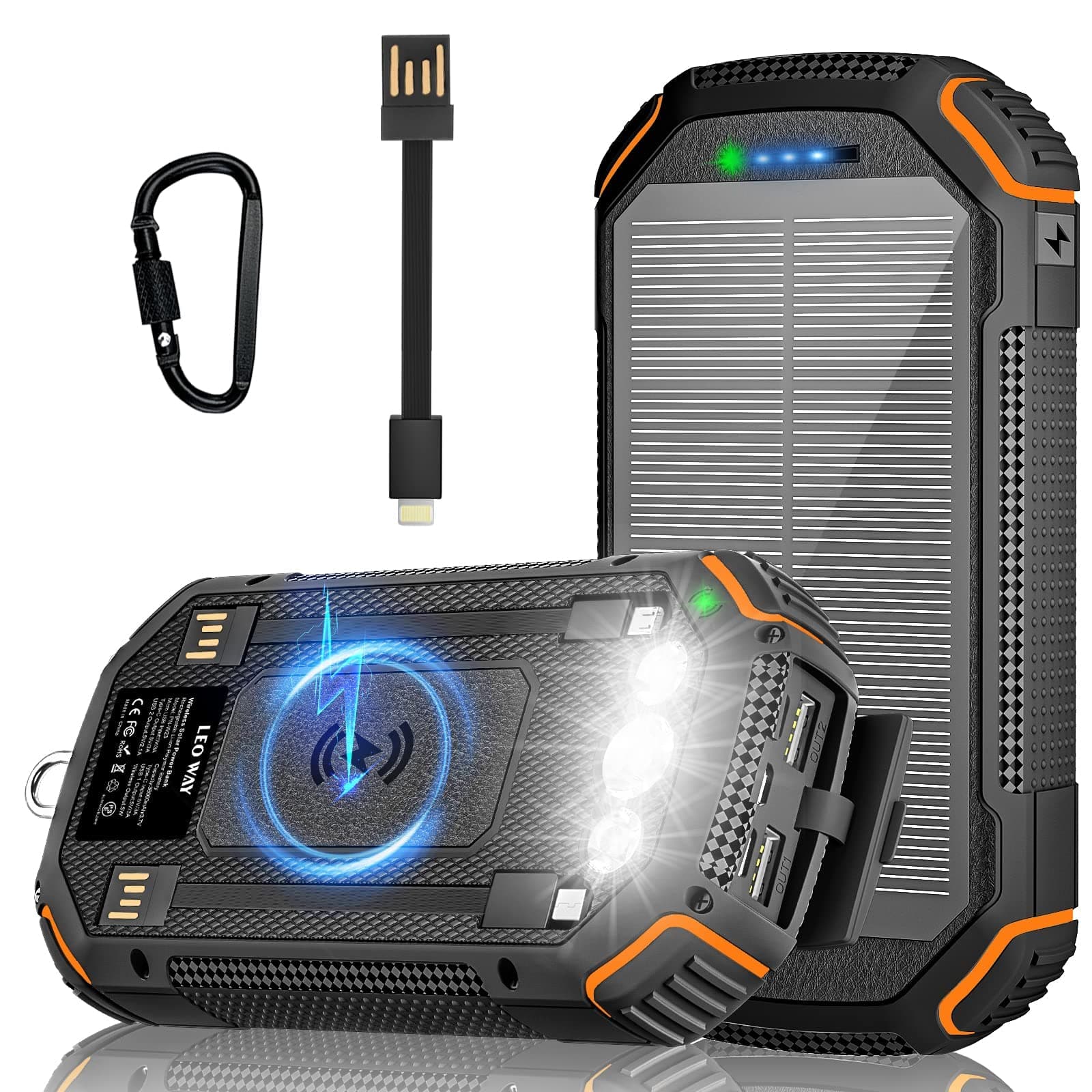 LEO WAY Solar Power Bank 36000mAh with 3 Cables, Solar Charger Wireless Charging, Portable Power Bank 4 Output 3 Input 15W Fast Charging with LED Flashlight, Outdoor External Battery for Phone Laptop