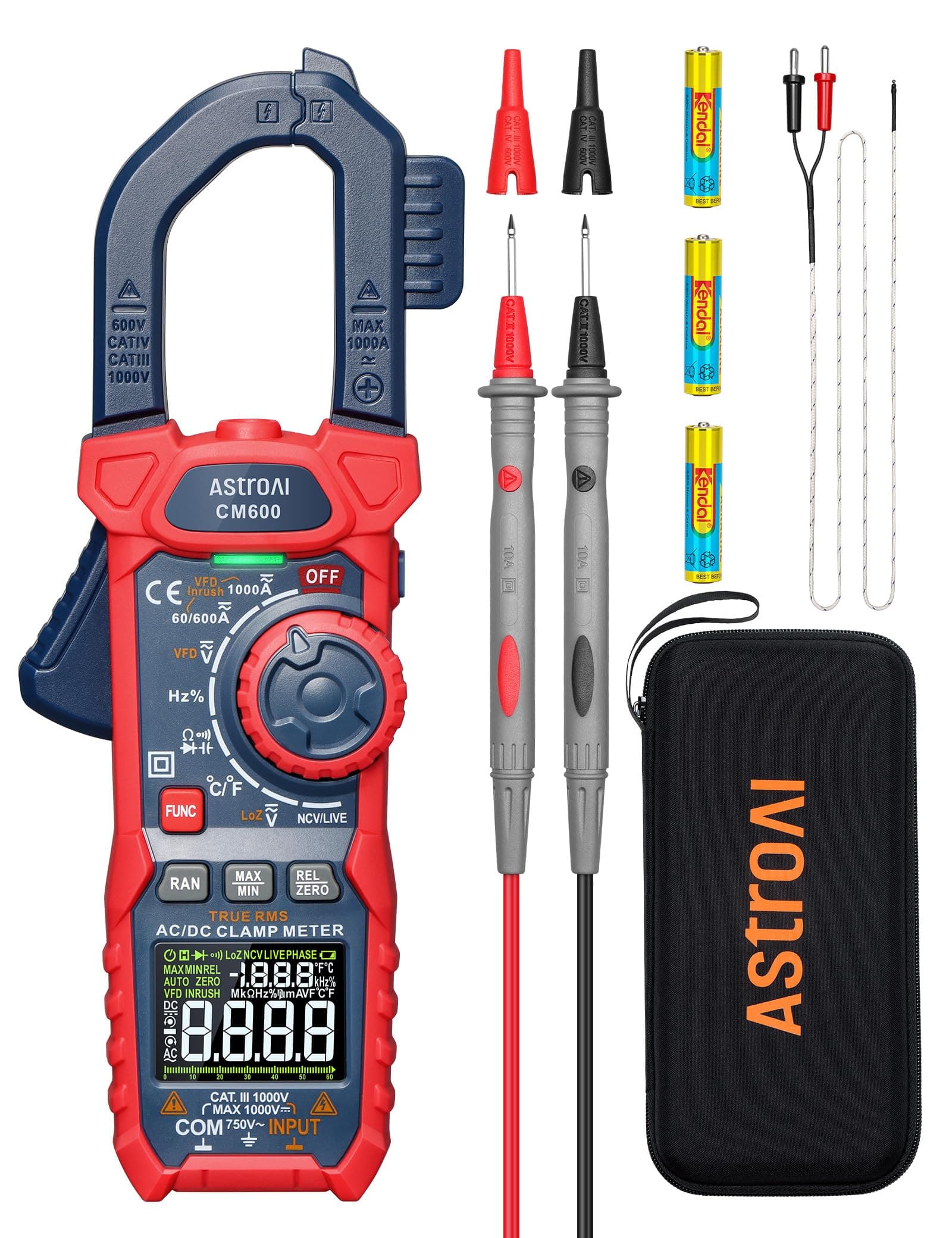 AstroAI Inrush Digital Clamp Meter Multimeter 1000A TRMS 6000 Counts, Amp Voltage Tester with VFD, LOZ Mode; Measures AC/DC Current Voltage Temperature Resistance Capacitance Frequency Continuity NCV