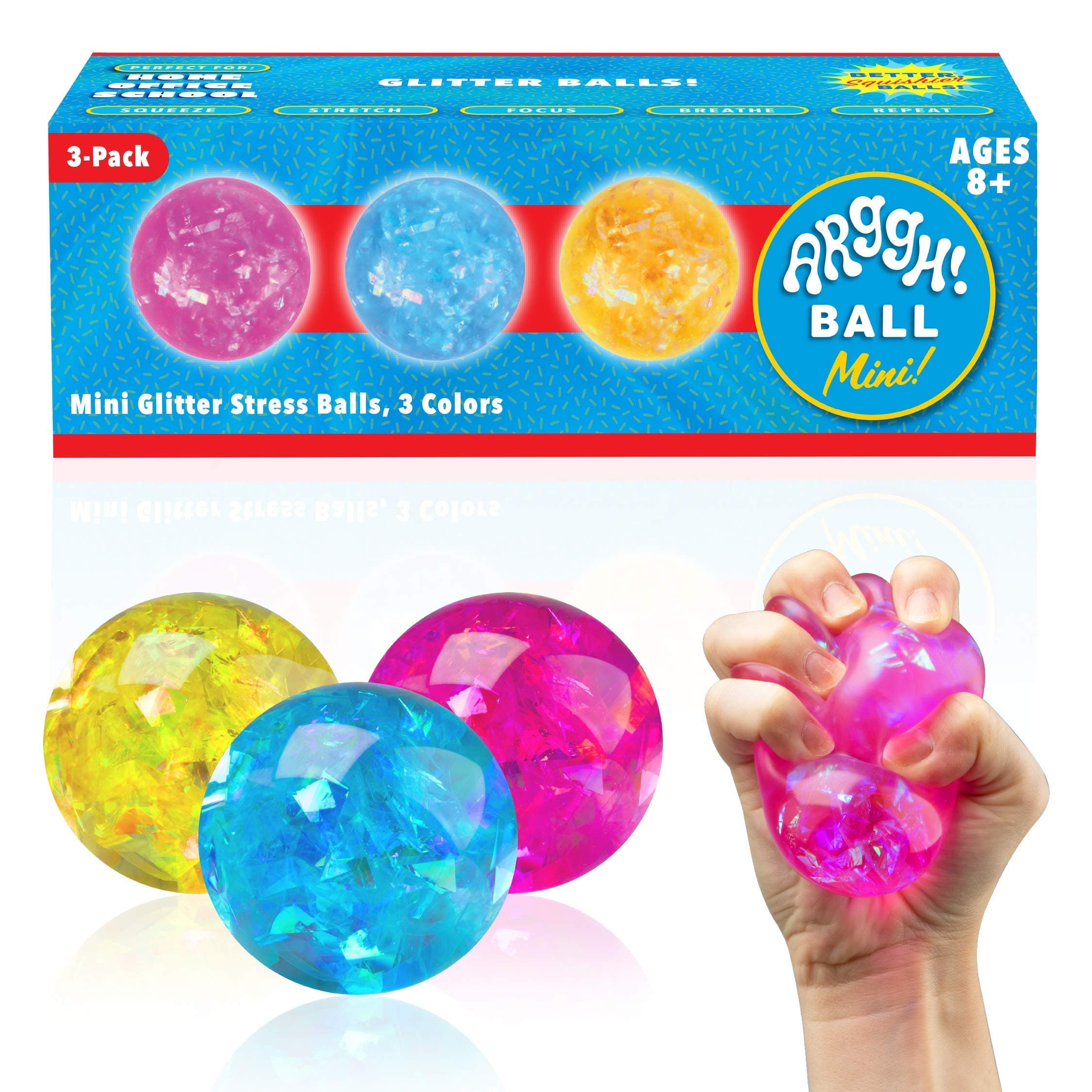 Power Your Fun Arggh Glitter Mini Stress Balls for Adults and Kids - 3pk Squishy Stress Ball Fidget Toys, Sensory Toys and Stress Relief Mini Squishy Toys Squeeze Ball Toy (Yellow, Pink, Blue)
