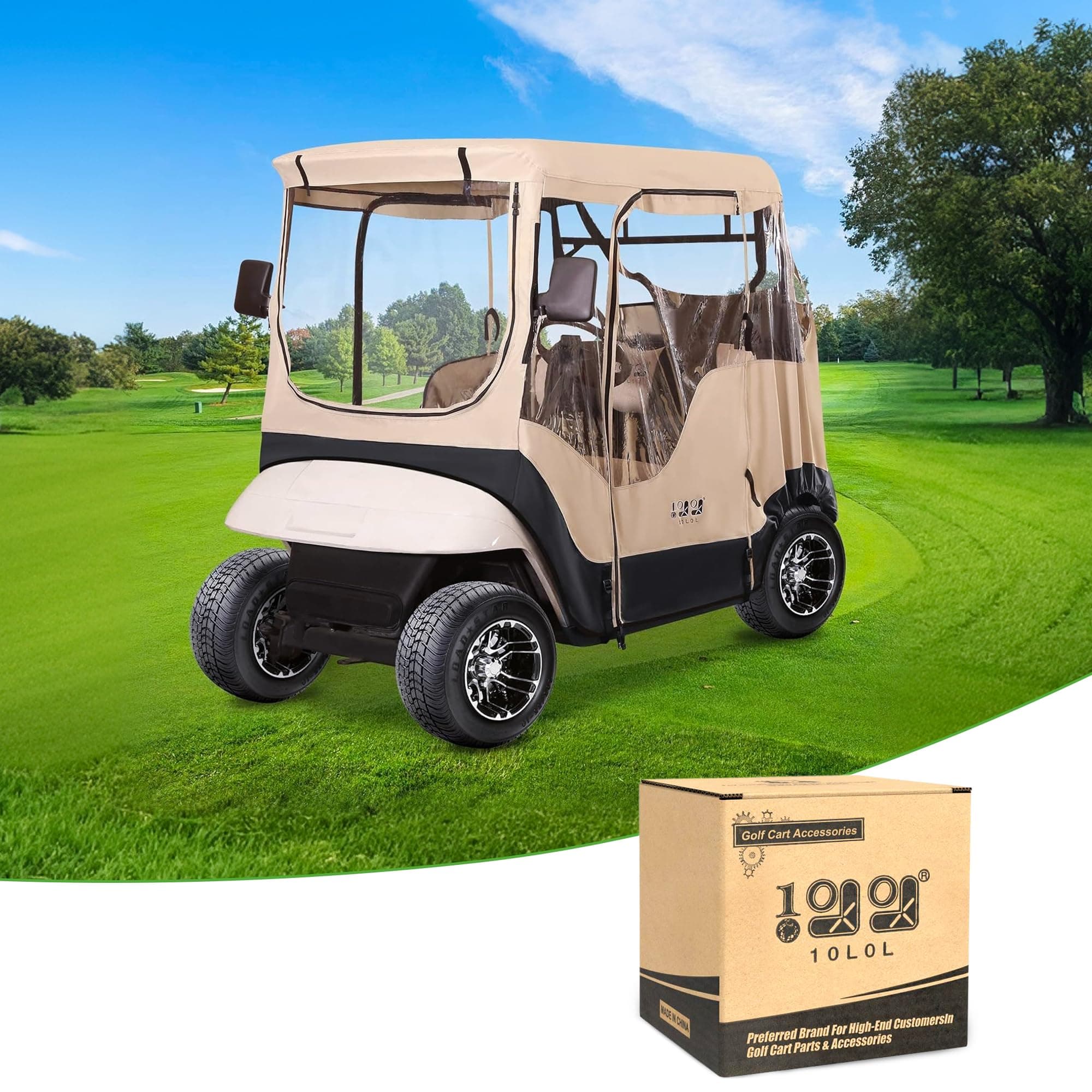 10L0L 2 Passenger Golf Cart Enclosures Cover for EZGO TXT, All Weather Windproof Waterproof Rain Cover, 4-Sided Clear Window & Roll-up Zipper Door - Beige